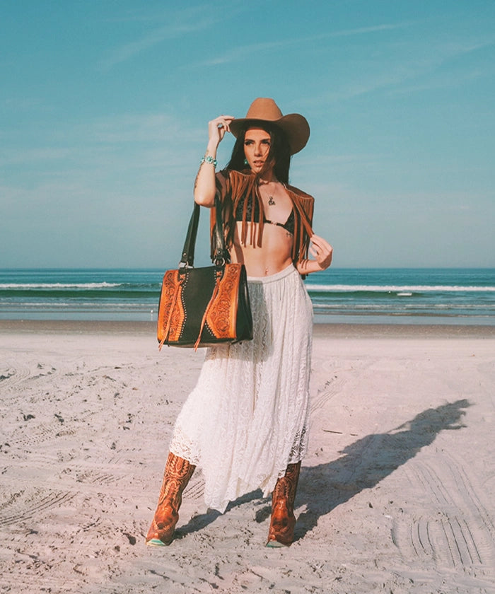 Trinity Ranch Floral Tooled Leather Tassel Concealed Carry Tote Bag - Stylish Women's Handbag for Everyday Use, Work & Travel