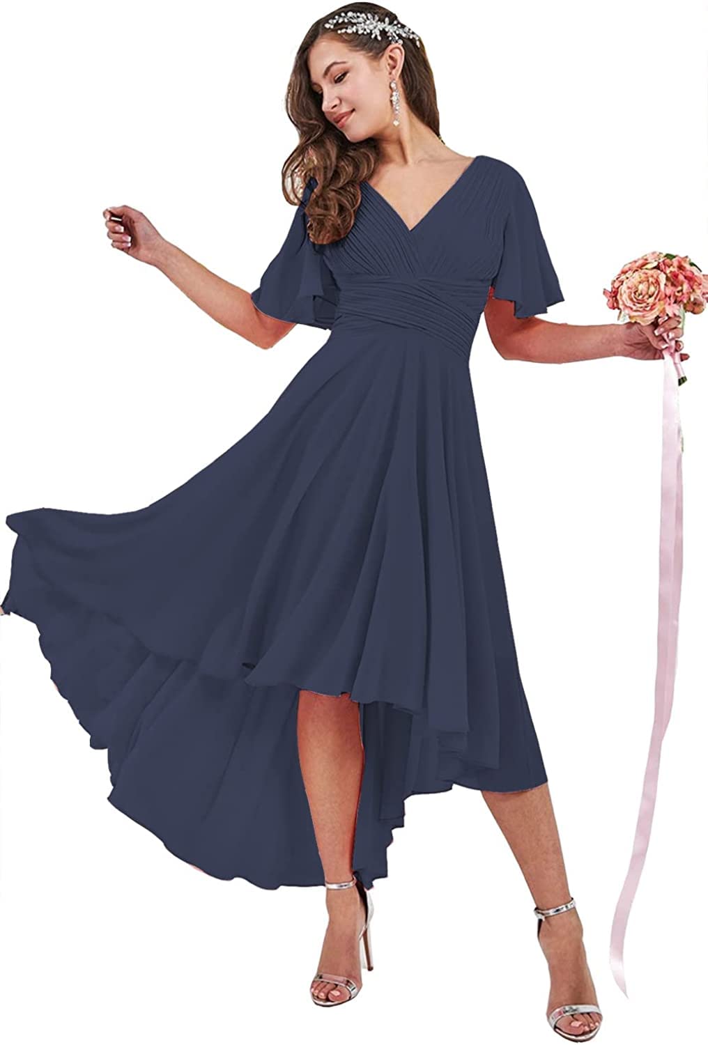 DDIFLYCR Women's V-Neck Chiffon Bridesmaid Dress with Flutter Sleeves - Elegant High-Low Hem Prom Party Gown for Wedding Guest, Evening Events & Special Occasions
