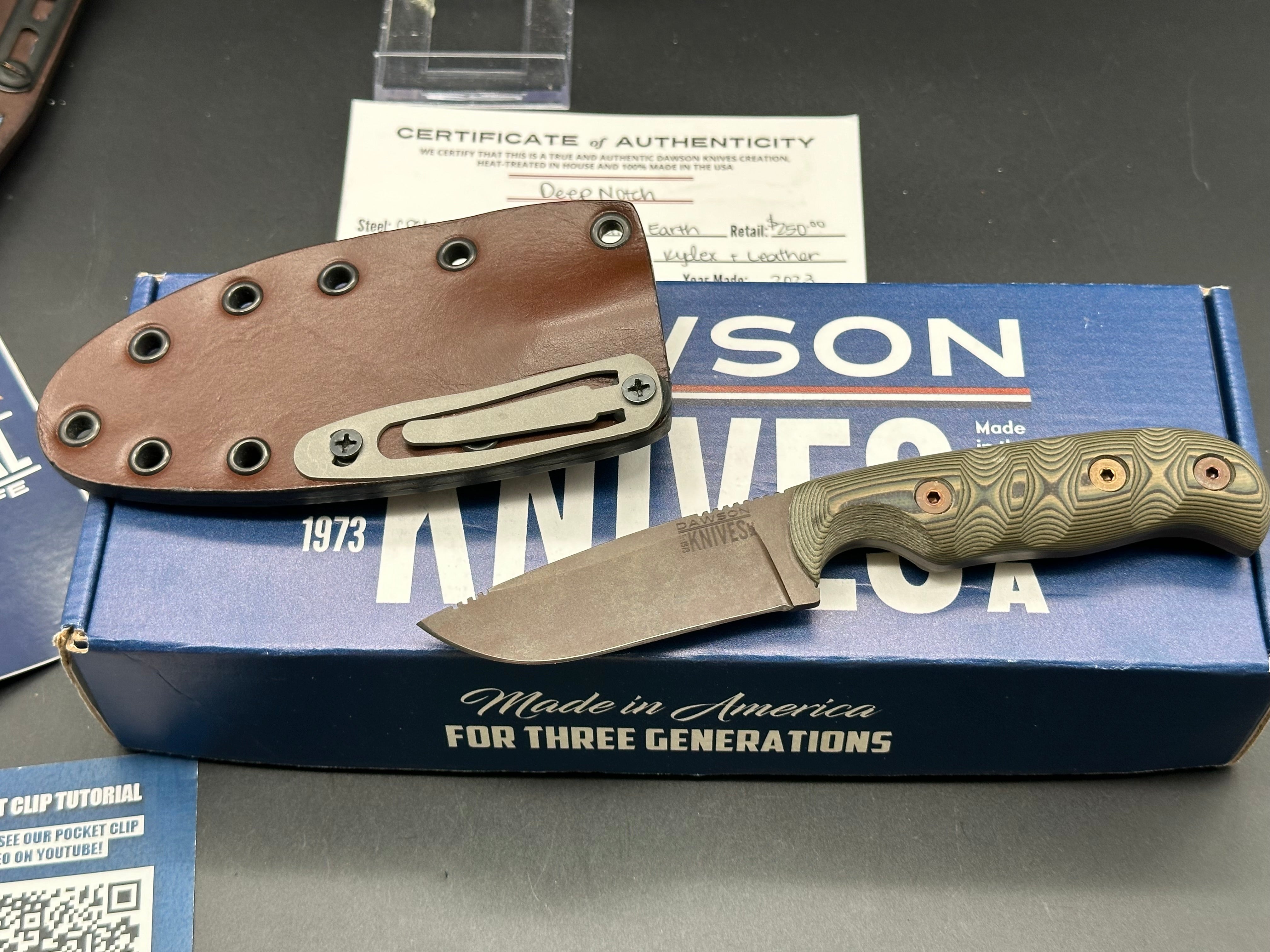 Dawson Deep Notch Magnacut Knife with Ultra Camo Scales & Scorched Earth Blade - Custom Oak City Leather Sheath | Hunting, Camping, Survival Gear & Outdoor EDC Accessories