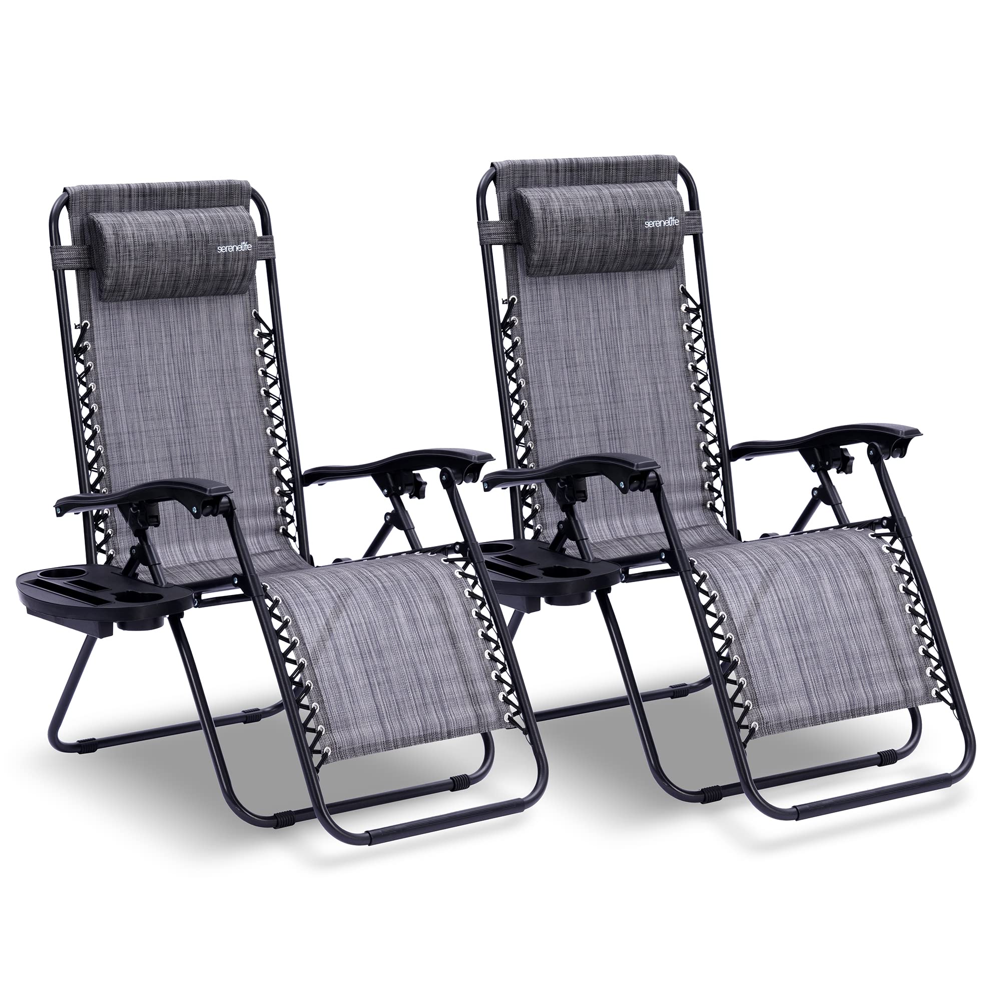 SereneLife Zero Gravity Lounge Chairs Set of 2 - Adjustable Steel Mesh Outdoor Recliners with Cup Holder & Removable Pillows - Foldable Patio Chairs for Backyard, Poolside & Camping - Comfortable Grey Lawn Chairs for Relaxation