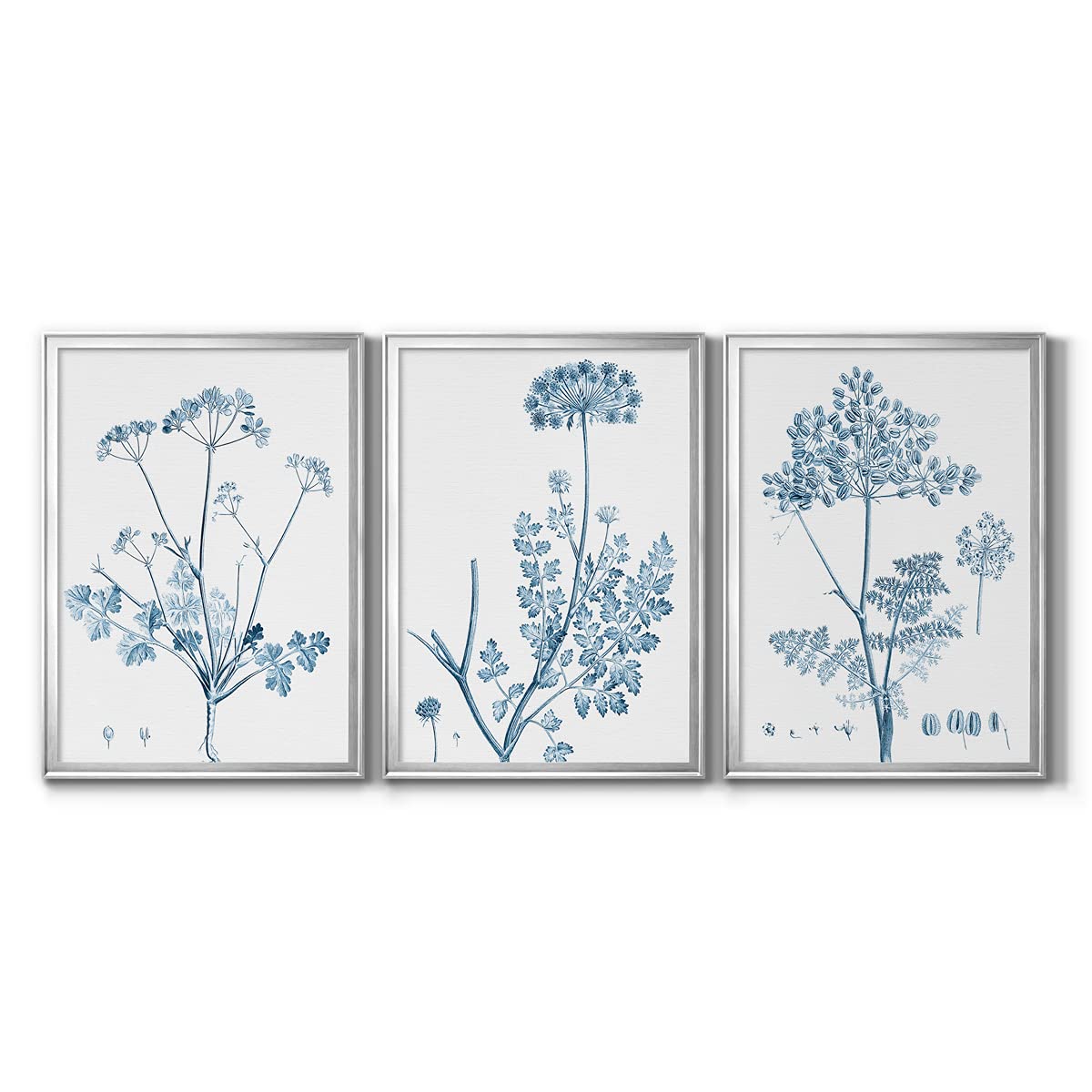 Blue Silver Framed Canvas Wall Art Set - 3 Panels (30x42 Inches) | Antique Botanical Prints, Romantic & Traditional Décor for Bedroom, Living Room, Cape Cod & Colonial Style Homes | Perfect for Home Decor, Housewarming Gifts & Interior Design