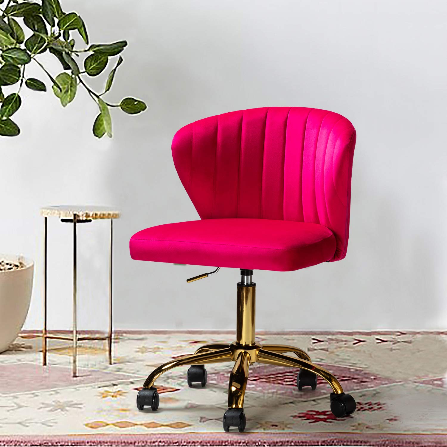 Modern Velvet Swivel Office Chair with Wheels & Gold Base - Adjustable Low Back Armless Task Chair for Home Office, Study, Living Room & Vanity - Comfortable Upholstered Rolling Chair in Fuchsia Pink (Perfect for Small Spaces & Cozy Workspaces)