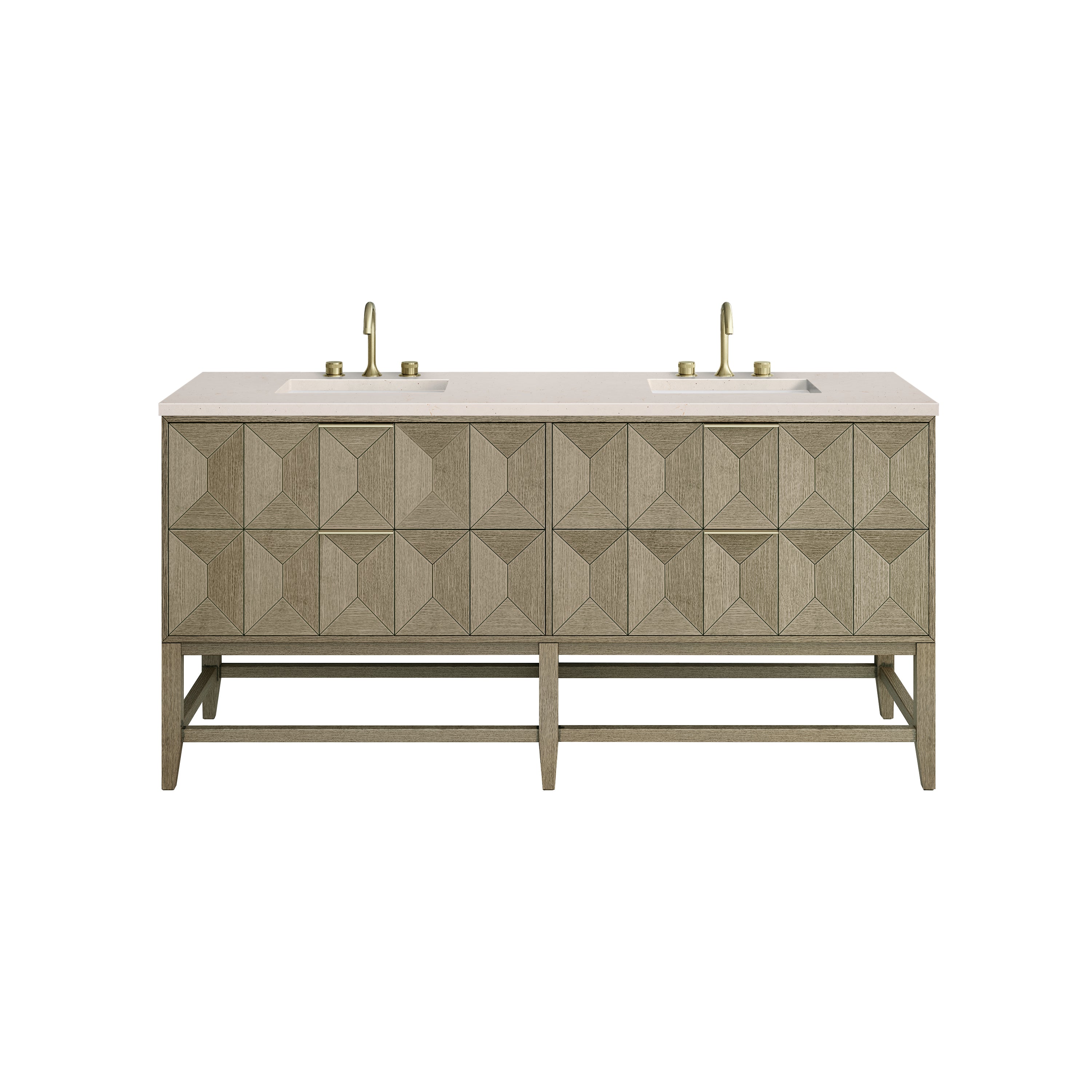 Emmeline 72 Inch Double Bathroom Vanity with Pebble Oak Finish & 3CM Eternal Marfil Stone Top - Perfect for Master Bathroom Renovation & Luxury Home Upgrade