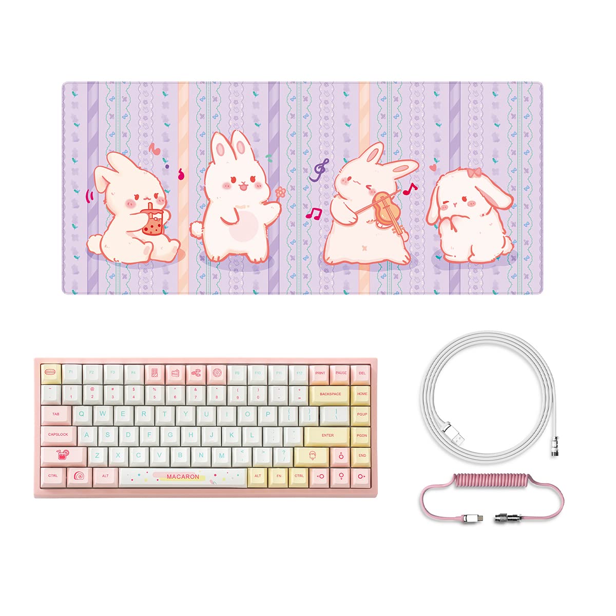 YUNZII YZ84 75% Hot Swappable Mechanical Keyboard with Gateron Red Switches - Macaron Color Theme, White Pink Braided USB Cable & Rabbit Design Mouse Pad - Perfect for Gaming, Typing & Office Work