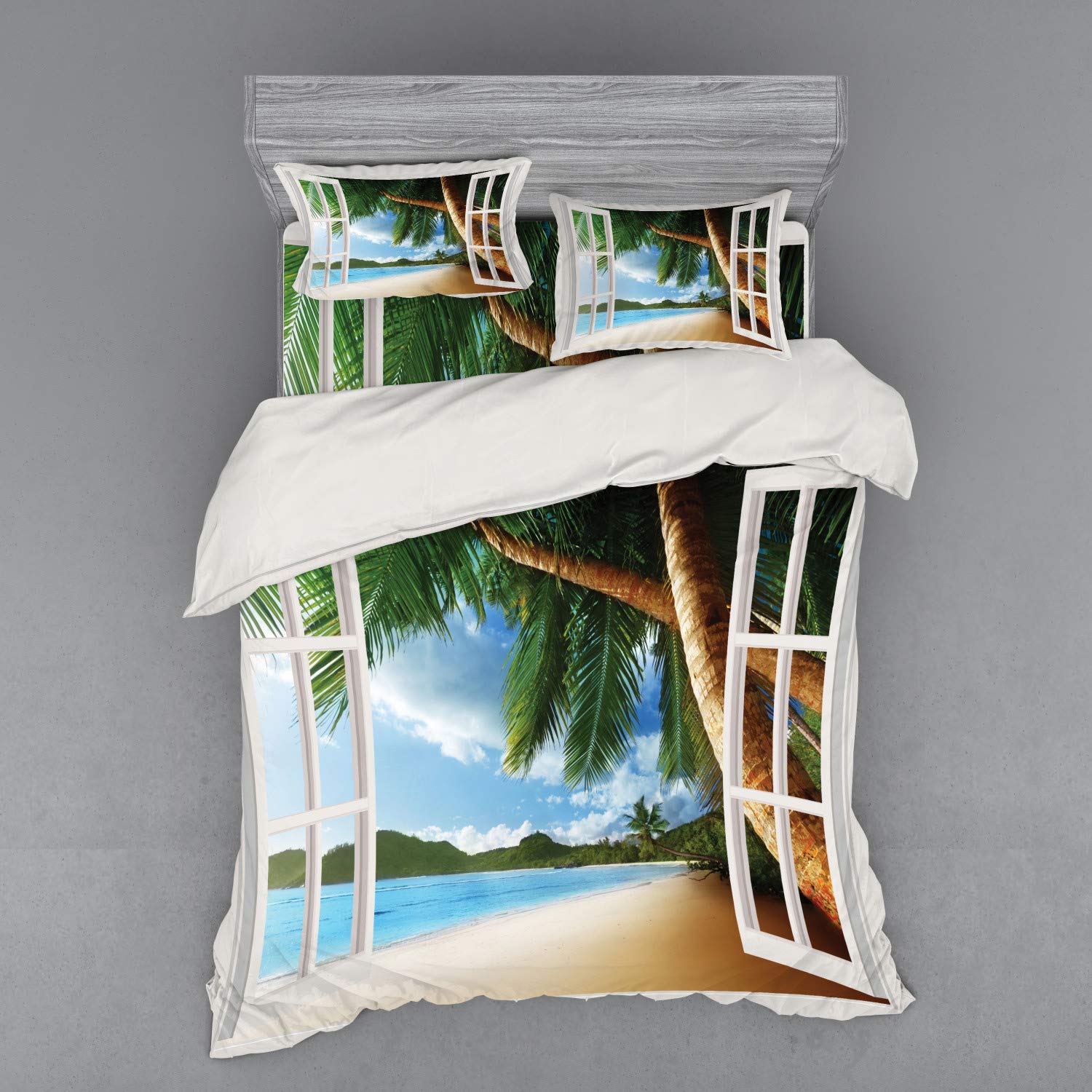 Ambesonne Nautical Beach Duvet Cover Set - Queen Size 4-Piece Bedding with Palm Tree Photo Print, Shams & Fitted Sheet in Green Ivory Blue - Perfect for Coastal Themed Bedrooms & Vacation Home Decor