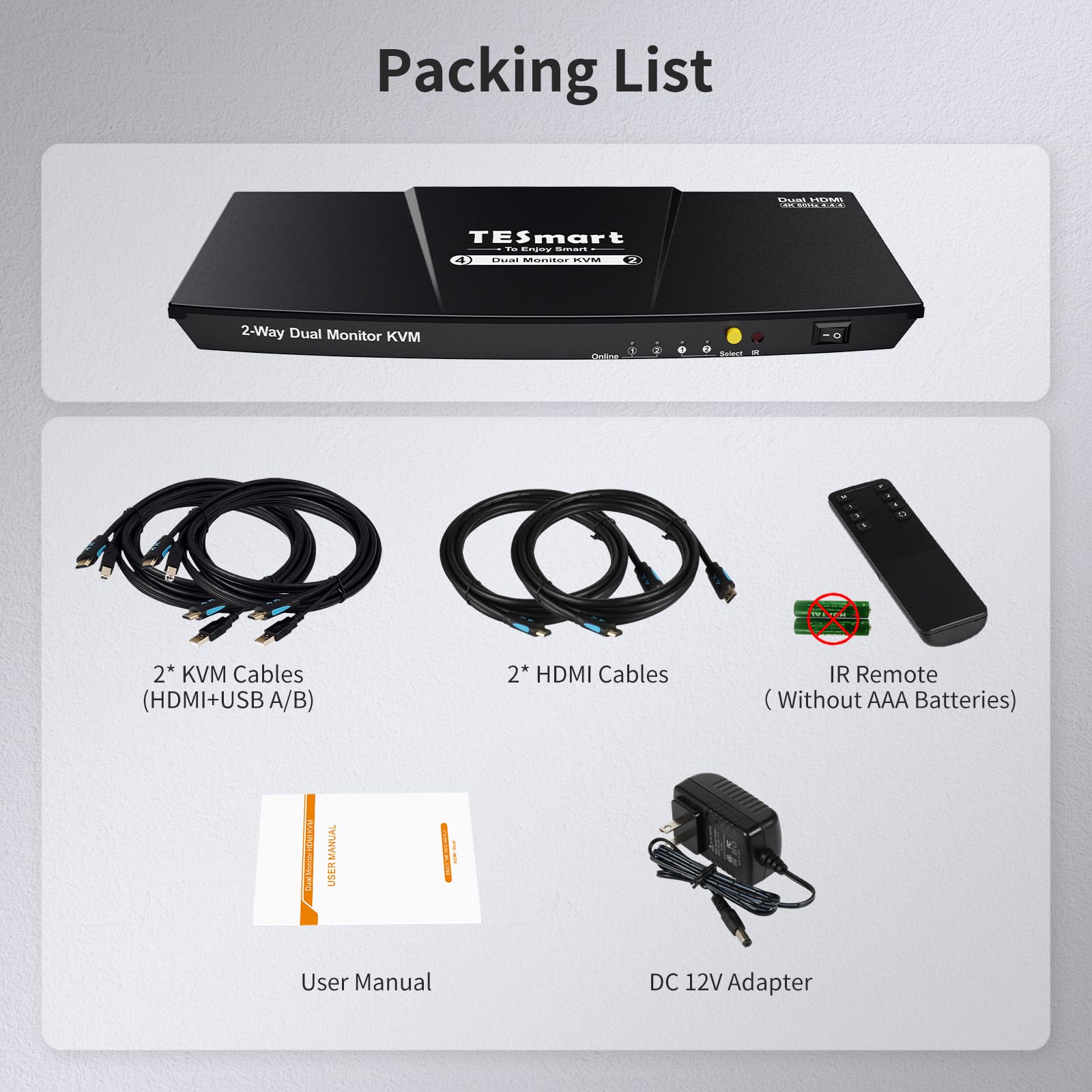 TESmart 2 Port HDMI KVM Switch for 2 Monitors & 2 Computers - 4K@60Hz, USB 2.0, EDID Emulator, Audio Support - Hotkey & Button Switching with Cables - Perfect for Home Office, Gaming & Multi-Tasking Workstations