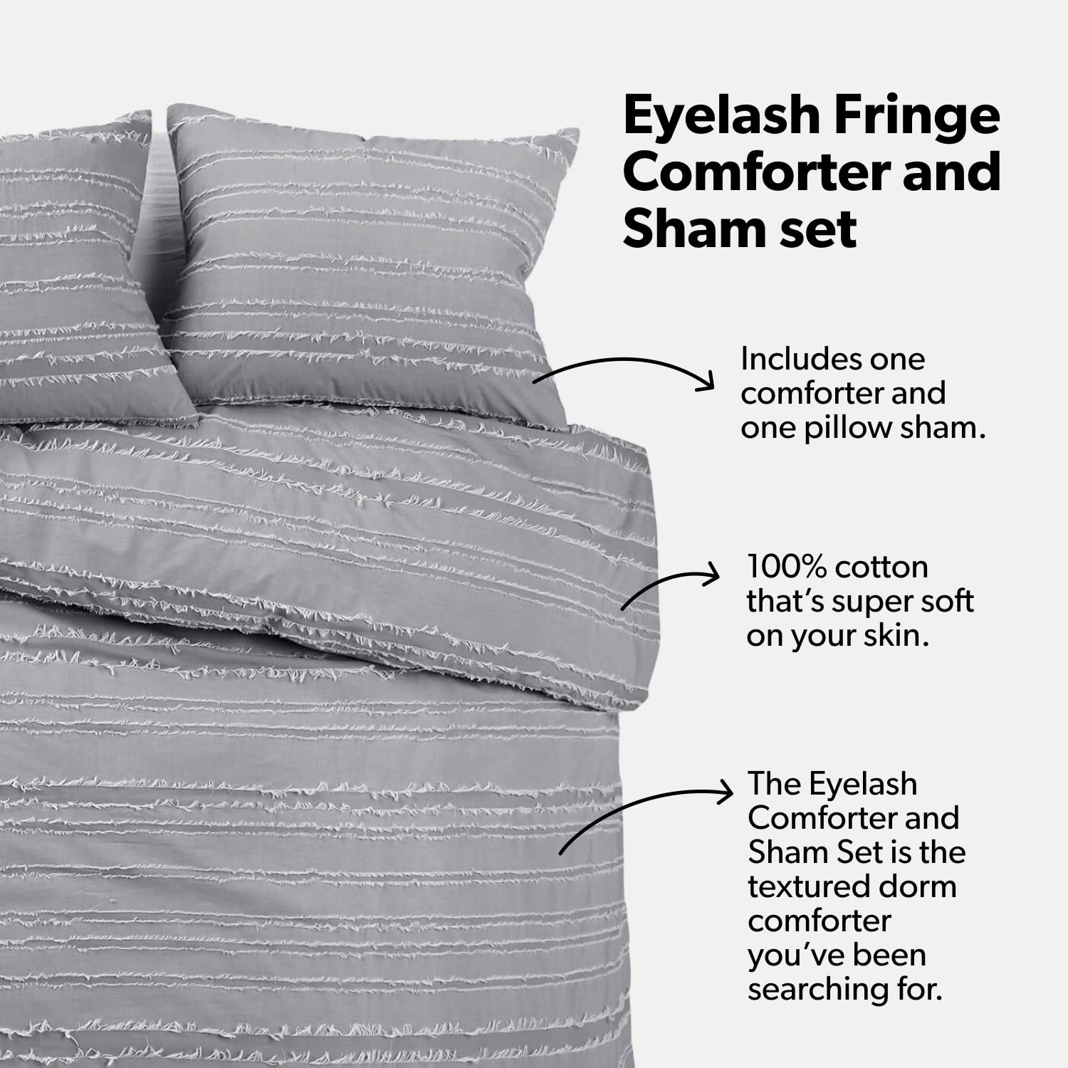 Twin XL Heather Grey Comforter Set with Eyelash Fringe - 2 Piece Bedding Set (Comforter + Pillow Sham) for College Dorms, Teens Bedrooms - Soft & Cozy Juliette Style for Boys & Girls