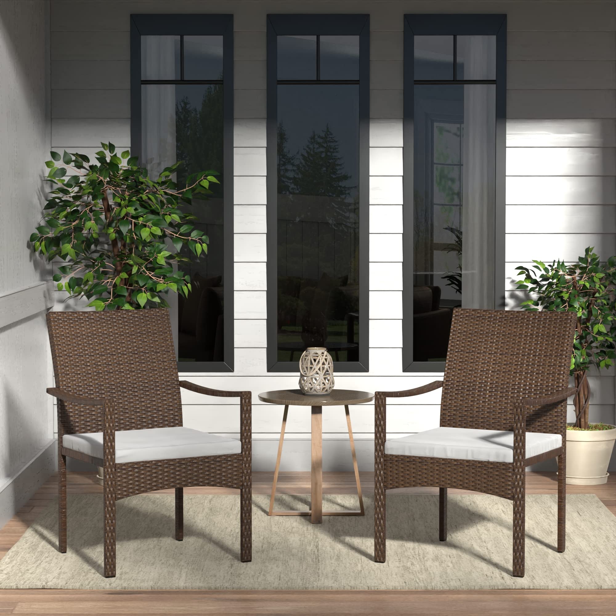 Ravenna Home 2-Piece Coastal Outdoor Patio Dining Chairs Set with Cushion - Weather-Resistant PE Rattan Wicker, Brown (22.5