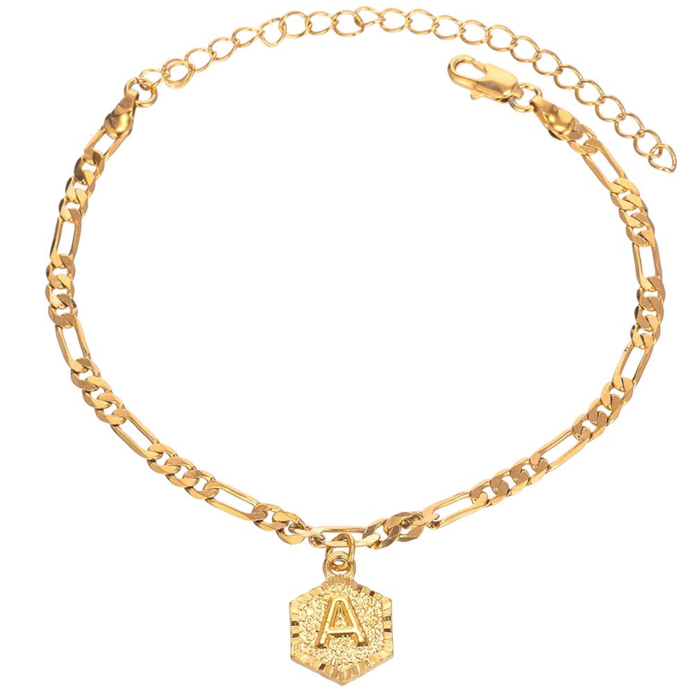18K Gold & Silver Figaro Cuban Link Ankle Bracelet for Women & Men - Personalized Initial Name Anklet Jewelry for Teens & Adults - Perfect for Beach, Wedding & Everyday Wear