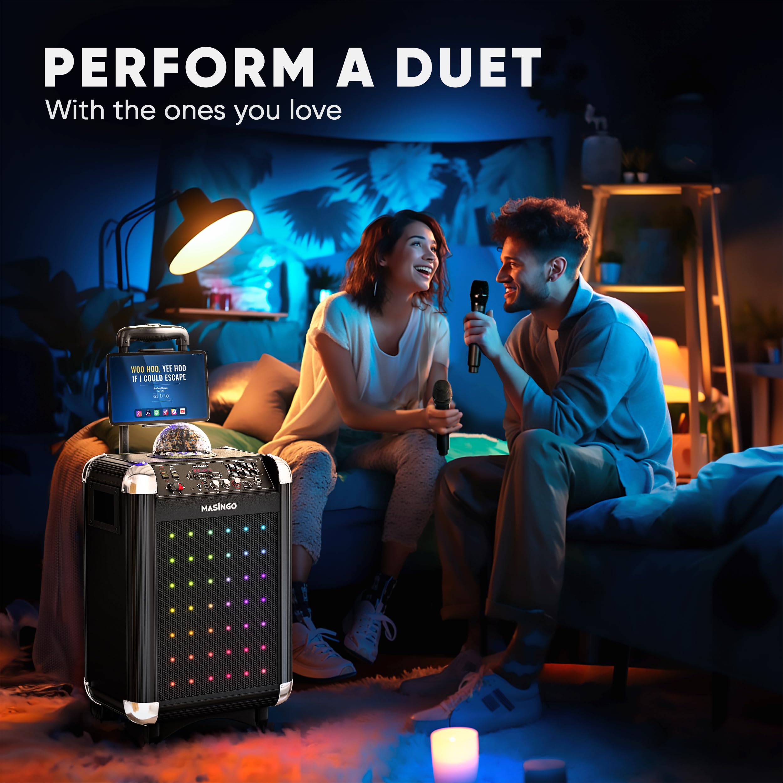MASINGO Karaoke Machine with 2 Wireless Microphones - Portable Bluetooth PA Speaker System for Adults & Kids, Features Disco Ball Lights, Lyrics Display, Tablet Holder & TV Cable (Soprano X1 2.0) - Perfect for Home Parties, Birthday Celebrations and Family Gatherings
