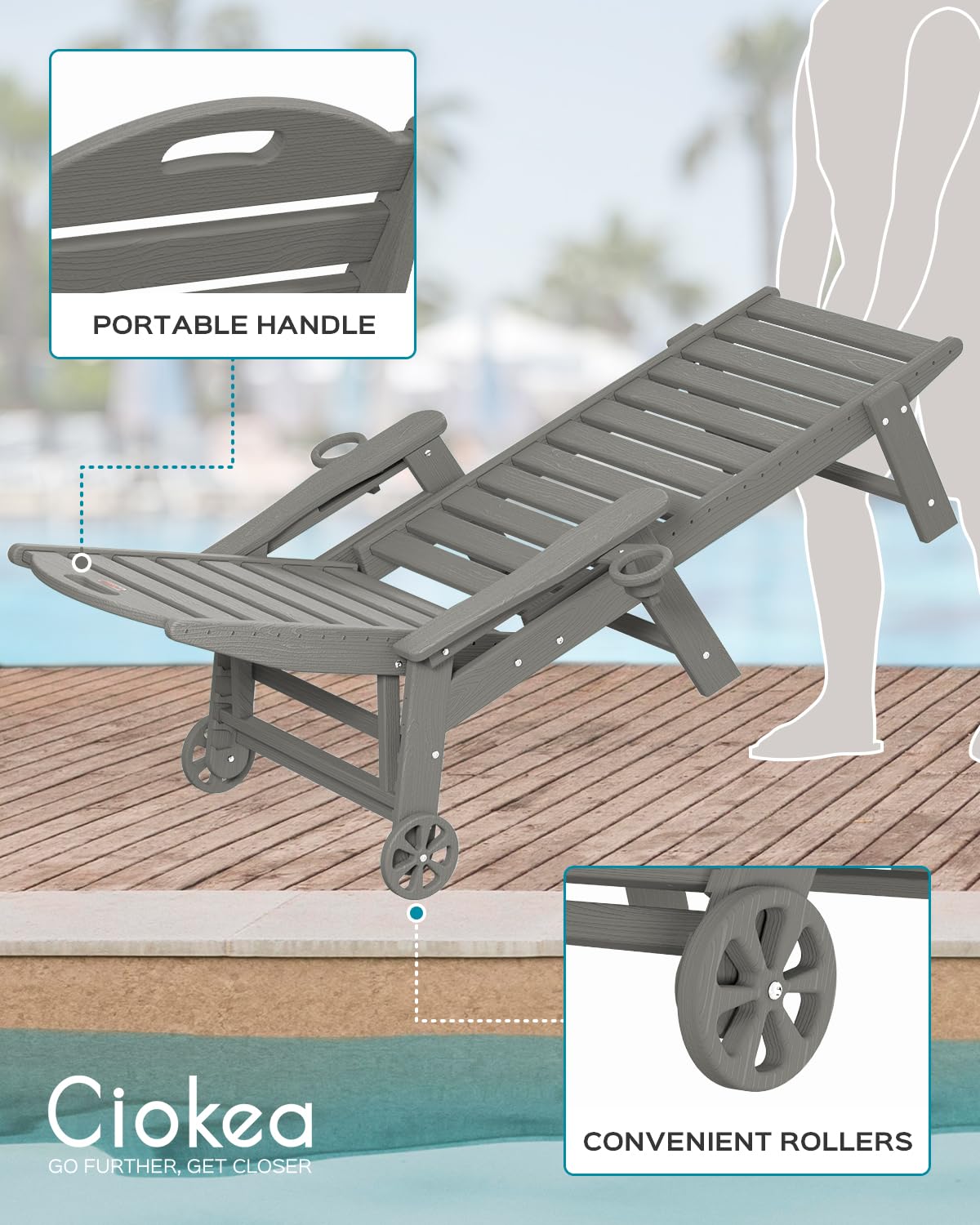 Adjustable 5-Position Outdoor Chaise Lounge Chair with Wheels & Double Cup Holders - Wood Texture Patio Poolside Lounger for Backyard, Deck, Beach - Grey | Perfect for Sunbathing, Relaxing by the Pool or Garden