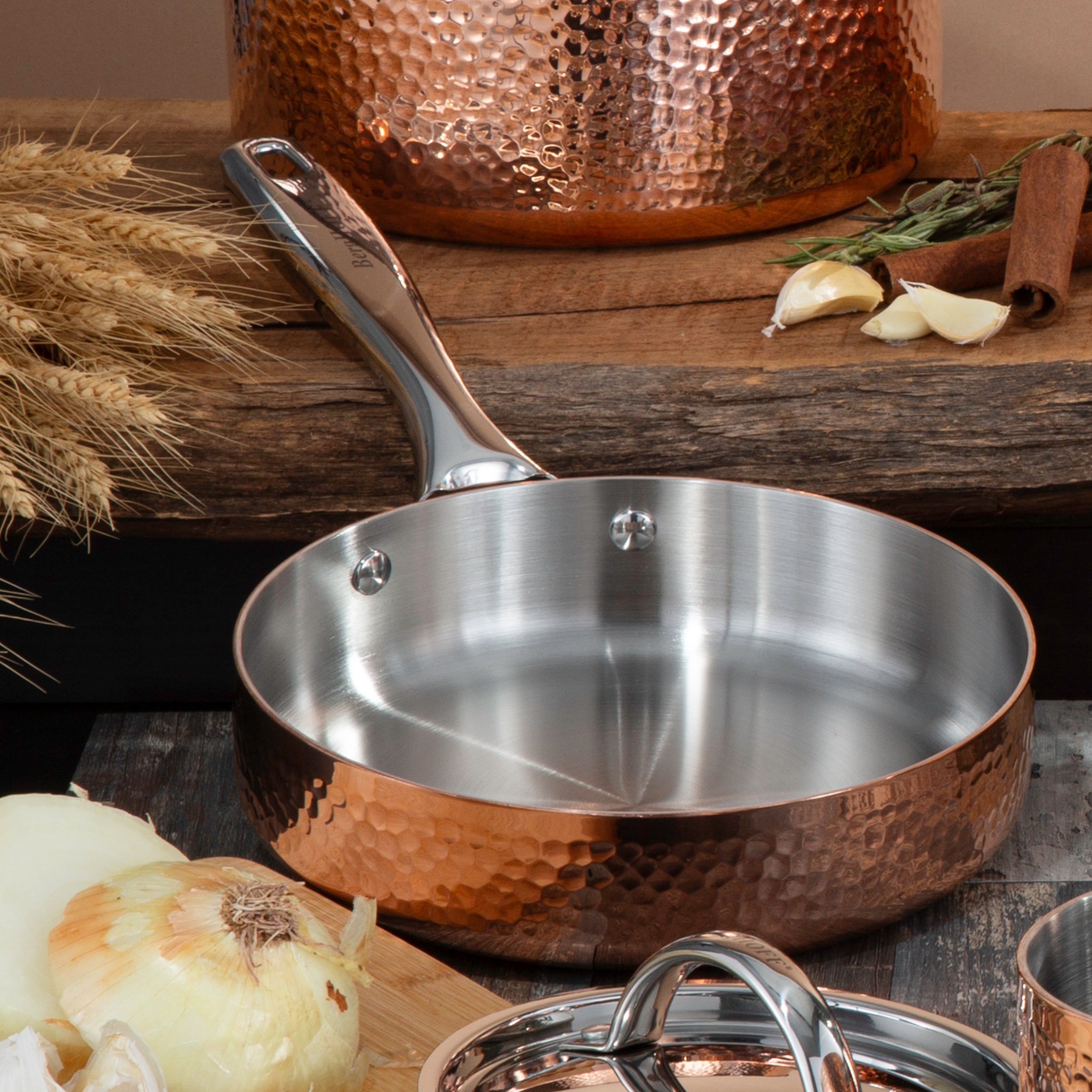 BergHOFF Vintage Tri-Ply Copper 8-Inch Deep Skillet with Hammered Finish - Premium Cookware for Sautéing, Frying & Braising | Perfect for Gas, Electric & Induction Stovetops