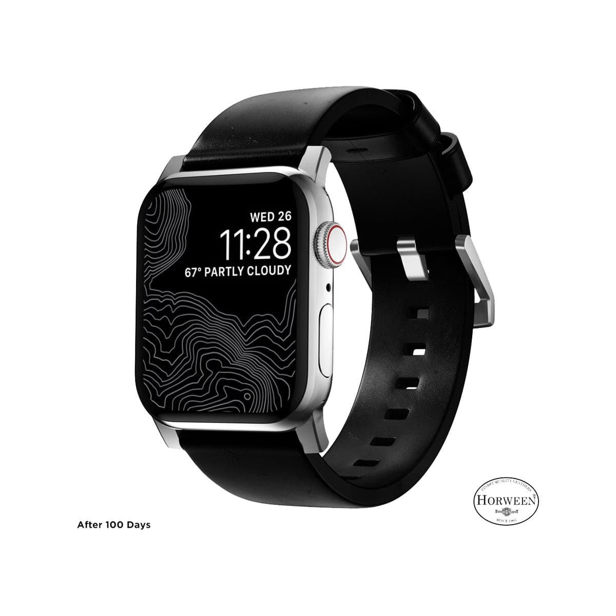NOMAD Modern Leather Band for Apple Watch 45mm & 49mm - Silver Hardware with Black Horween Leather Strap | Premium Replacement Watch Band for Work, Travel & Everyday Wear