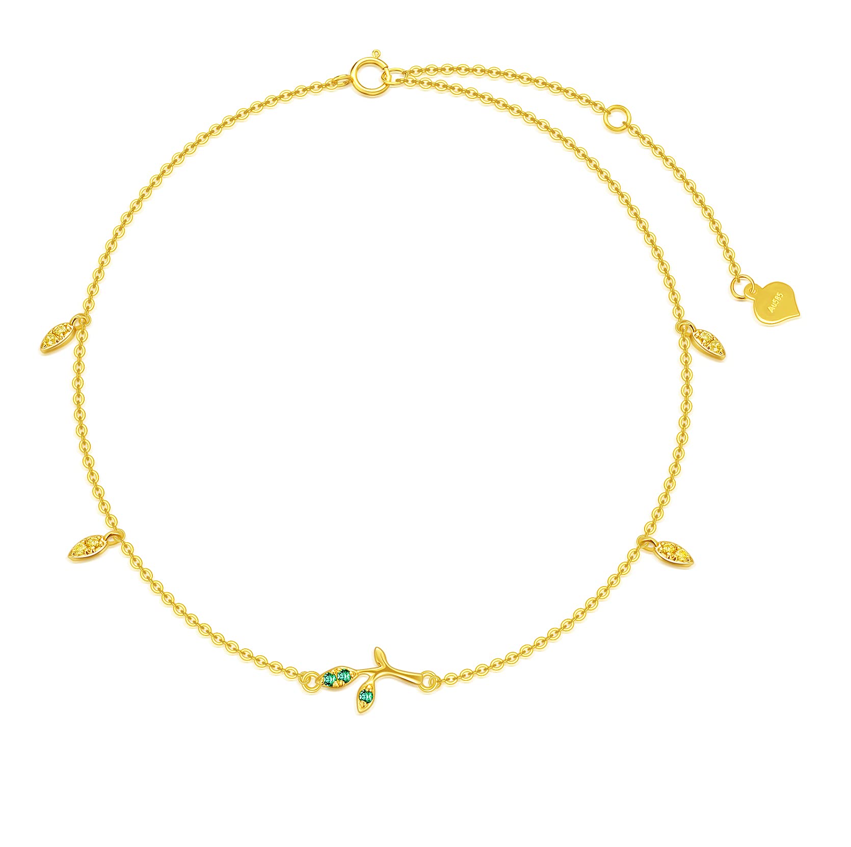 14K Gold Tree of Life Anklet for Women - Genuine Gold Tiny Leaves Ankle Bracelet, Adjustable 9.4-11 Inch, Perfect Gift for Her - Ideal for Weddings, Beach Vacations & Boho Fashion