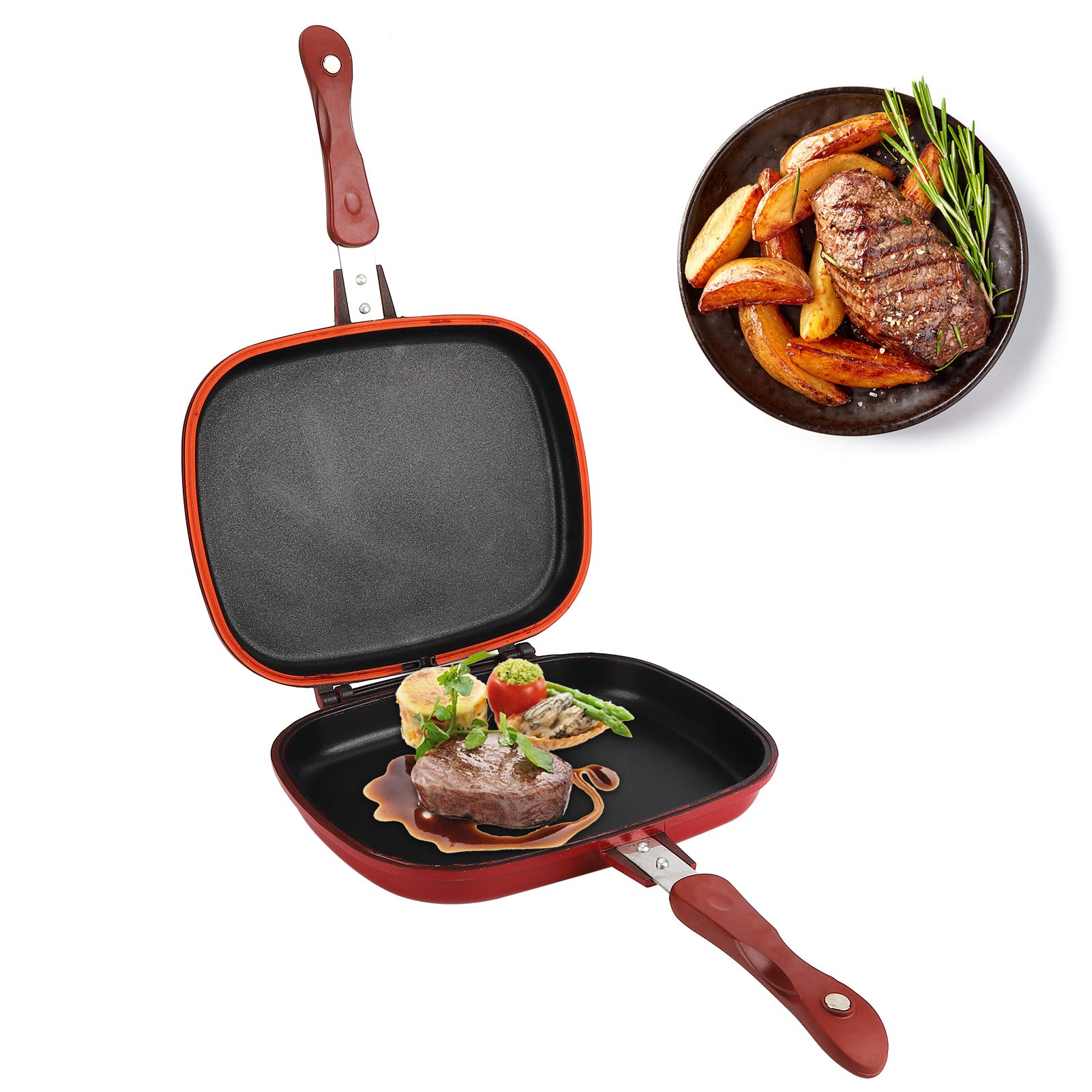 Double Sided Grill Pan 28cm - Non-Stick Square Frying Pan for BBQ & Kitchen Cooking