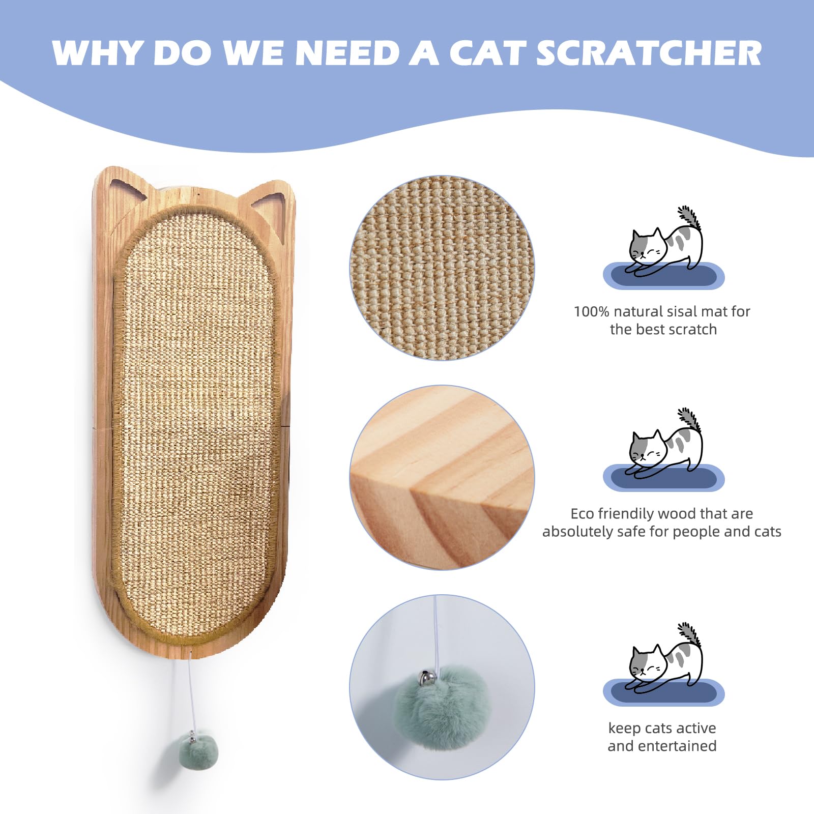 Folding Sisal Cat Wall Scratcher with Toy Ball - Space Saving Cat Furniture for Small Apartments