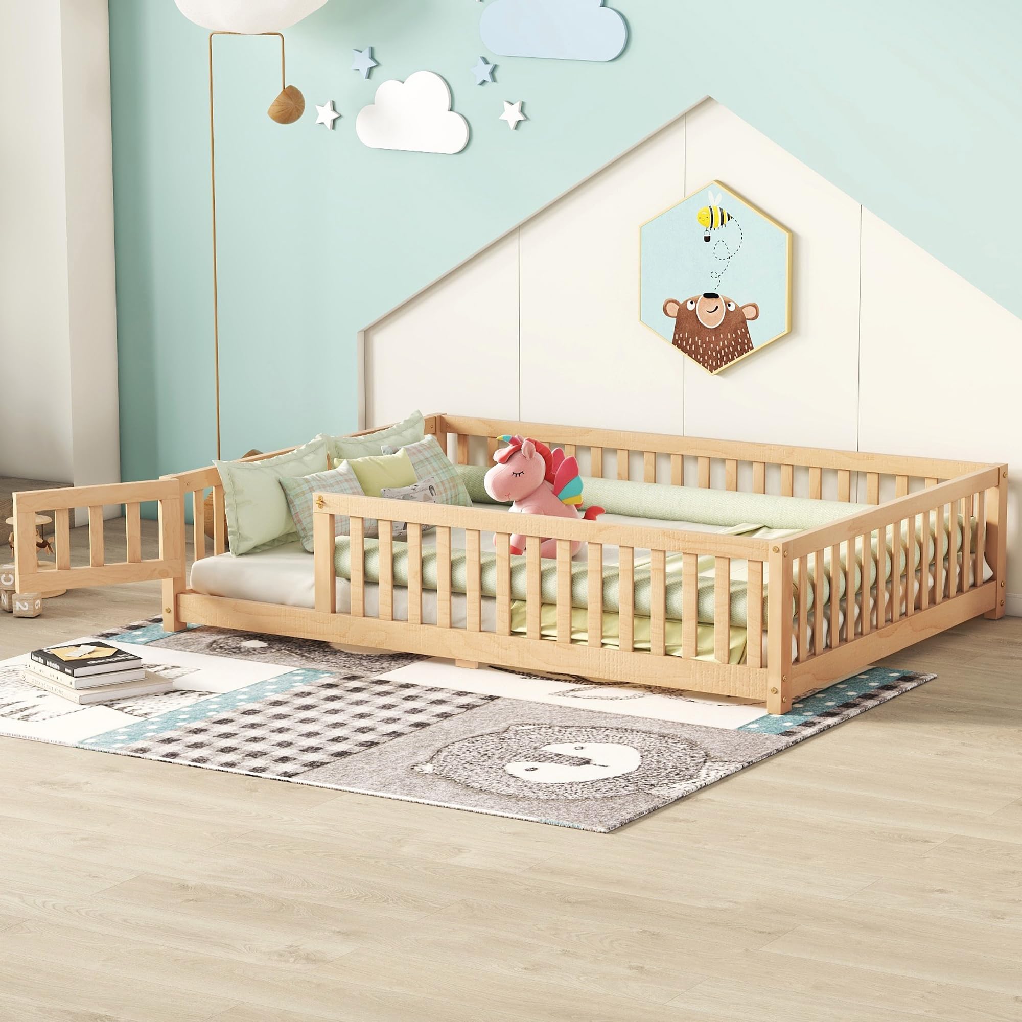 Montessori Full Size Floor Bed with Slats & Center Support Bar - Natural Wood Toddler Bed with Safety Fence & Door for Kids Room, Playroom or Nursery