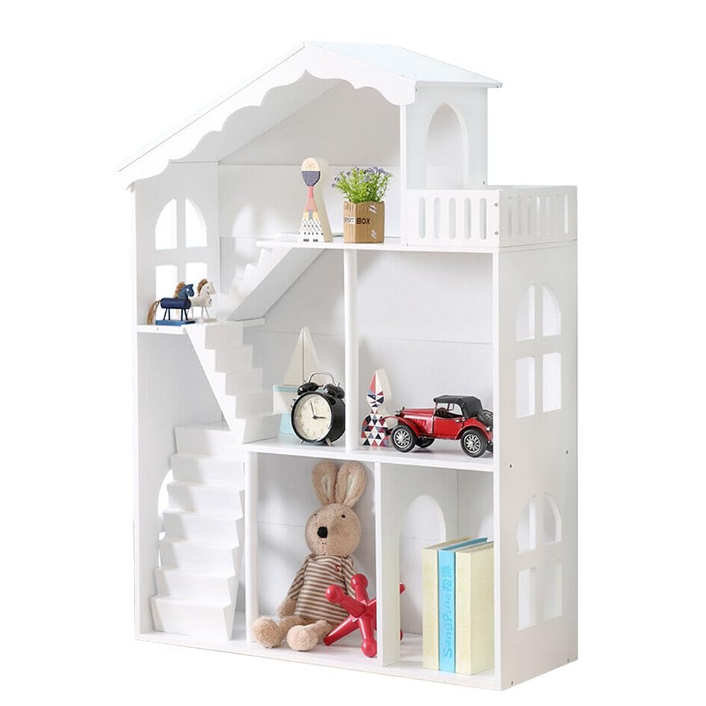 **White Wooden Dollhouse Bookcase - Kids Bookshelf for Books & Toys Storage, Nursery & Playroom Organizer - Perfect for Girls & Boys Bedroom, Living Room Display & Dollhouse Decor**