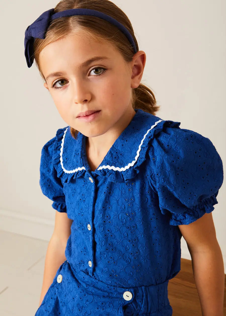 Blue Broderie Anglaise Dress for Girls - Elegant Lace Trim Summer Dress | Perfect for Parties, Weddings & Special Occasions