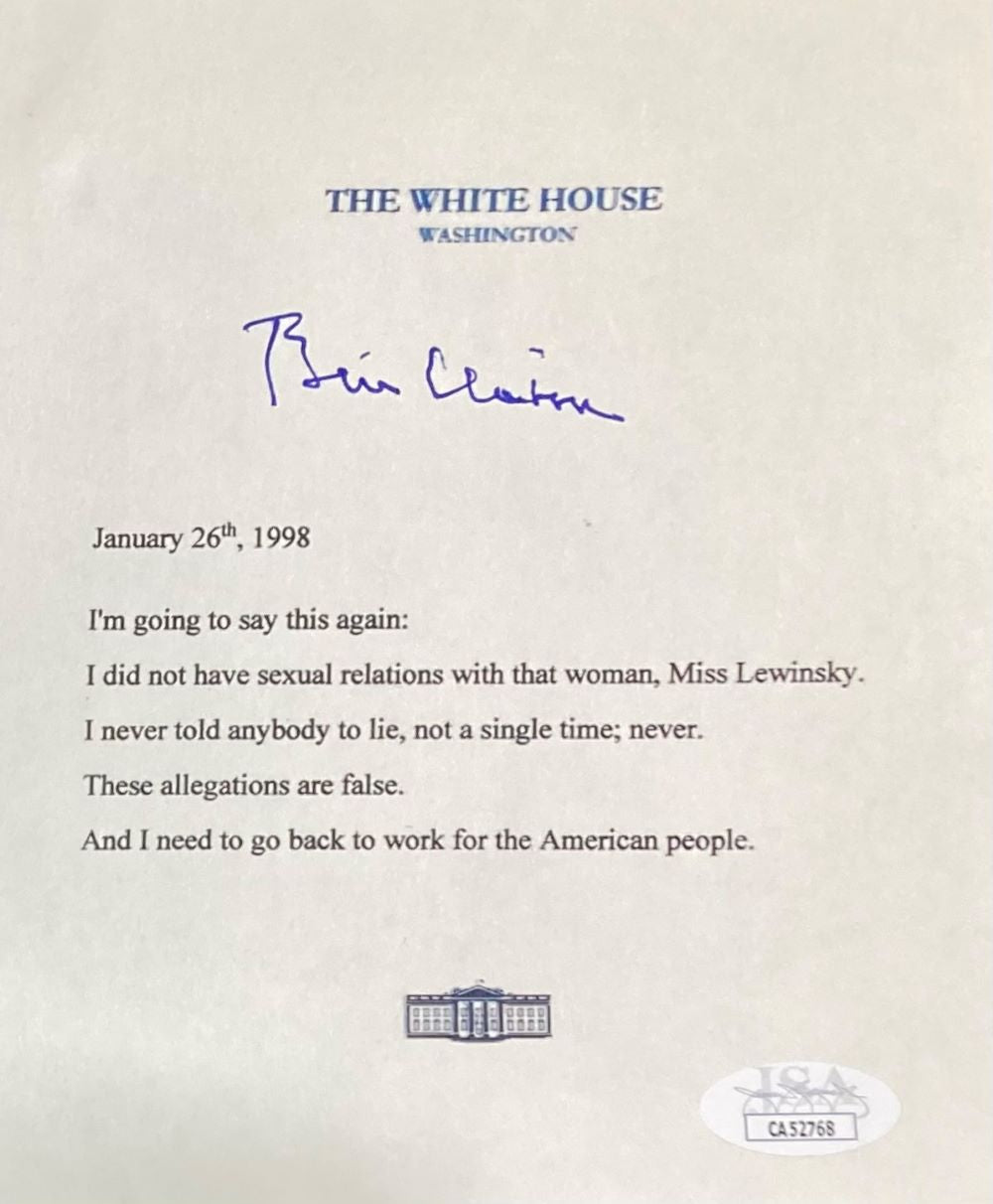 Authentic Bill Clinton Signed Mock White House Letter Monica Lewinsky Scandal Memorabilia - 6x6 Inches with JSA Certificate | Political Collectibles, Gift for History Buffs