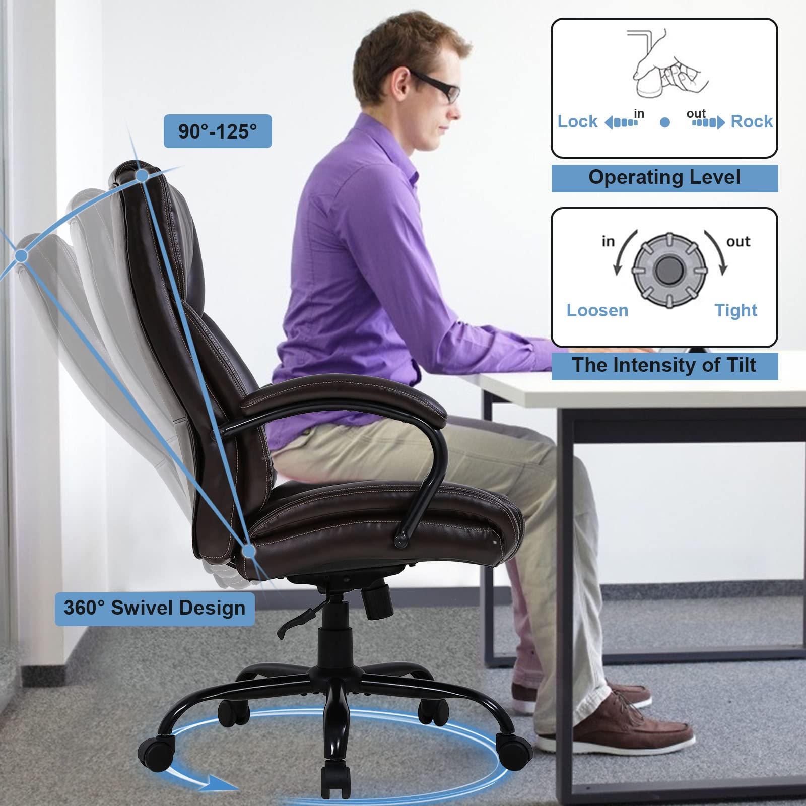 Ergonomic Office Chair with Lumbar Support & Armrests - 500lbs Weight Capacity Big & Tall Desk Chair - Comfortable Cushioned Seat & Backrest - Perfect for Home Office, Gaming & Computer Work (Brown)