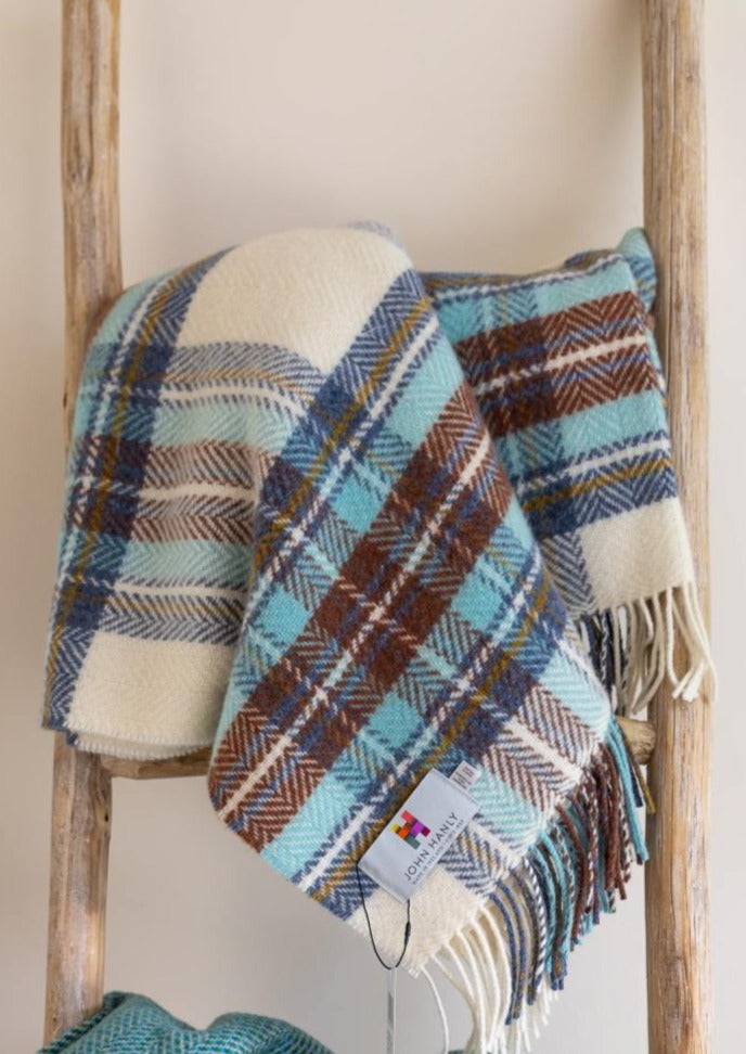 John Hanly Cashmere Merino Throw Blanket - Aqua & Rust Color, Ultra Soft Luxury Wool Blend for Cozy Living Room, Bedroom, or Office Use