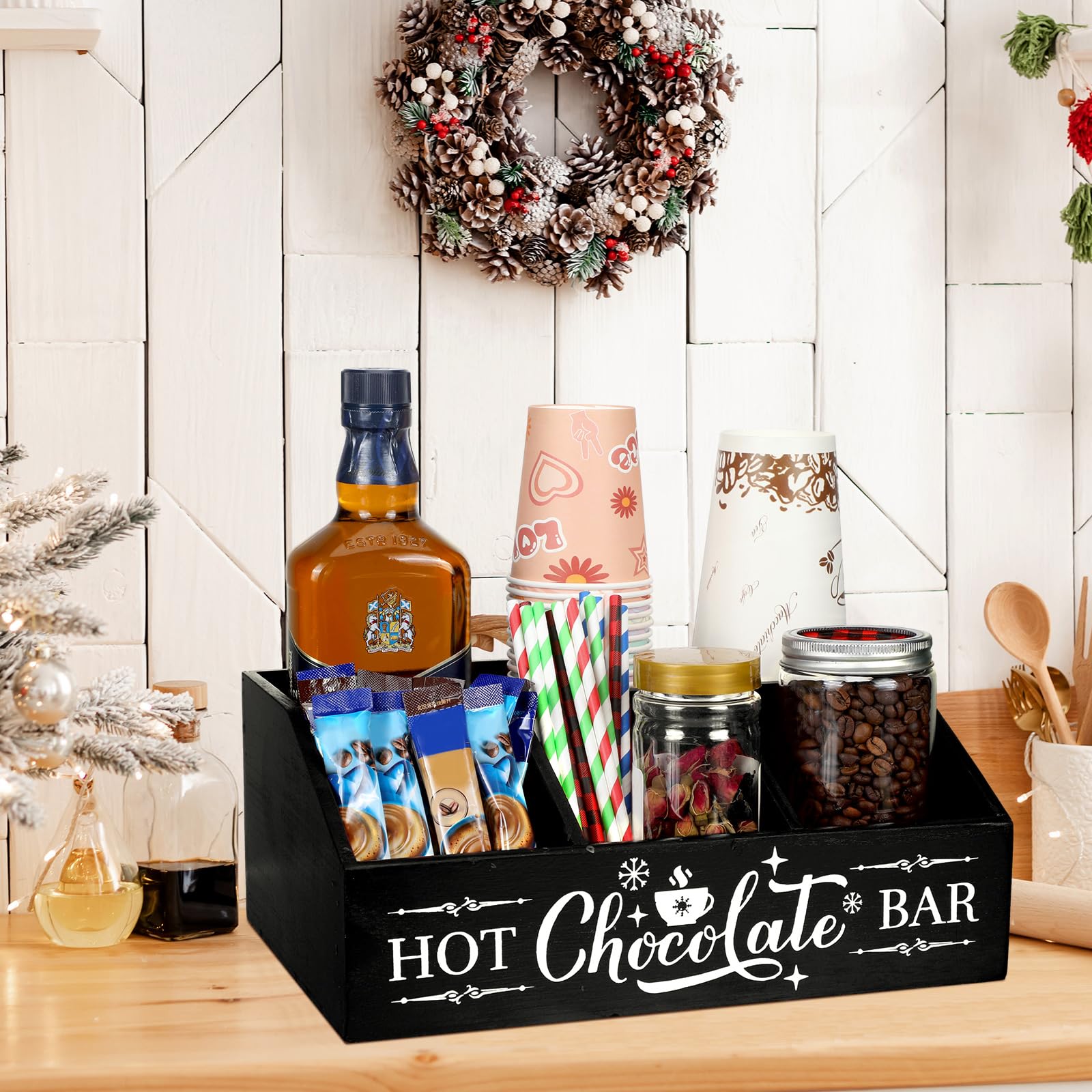 Barydat Christmas Hot Cocoa Bar Organizer - 4 Compartment Wooden Coffee Station Countertop Holder for Kitchen, Holiday Party & Home Decor - Perfect for Xmas Gifts, Hot Chocolate Serving & Coffee Bar Organization (Black)