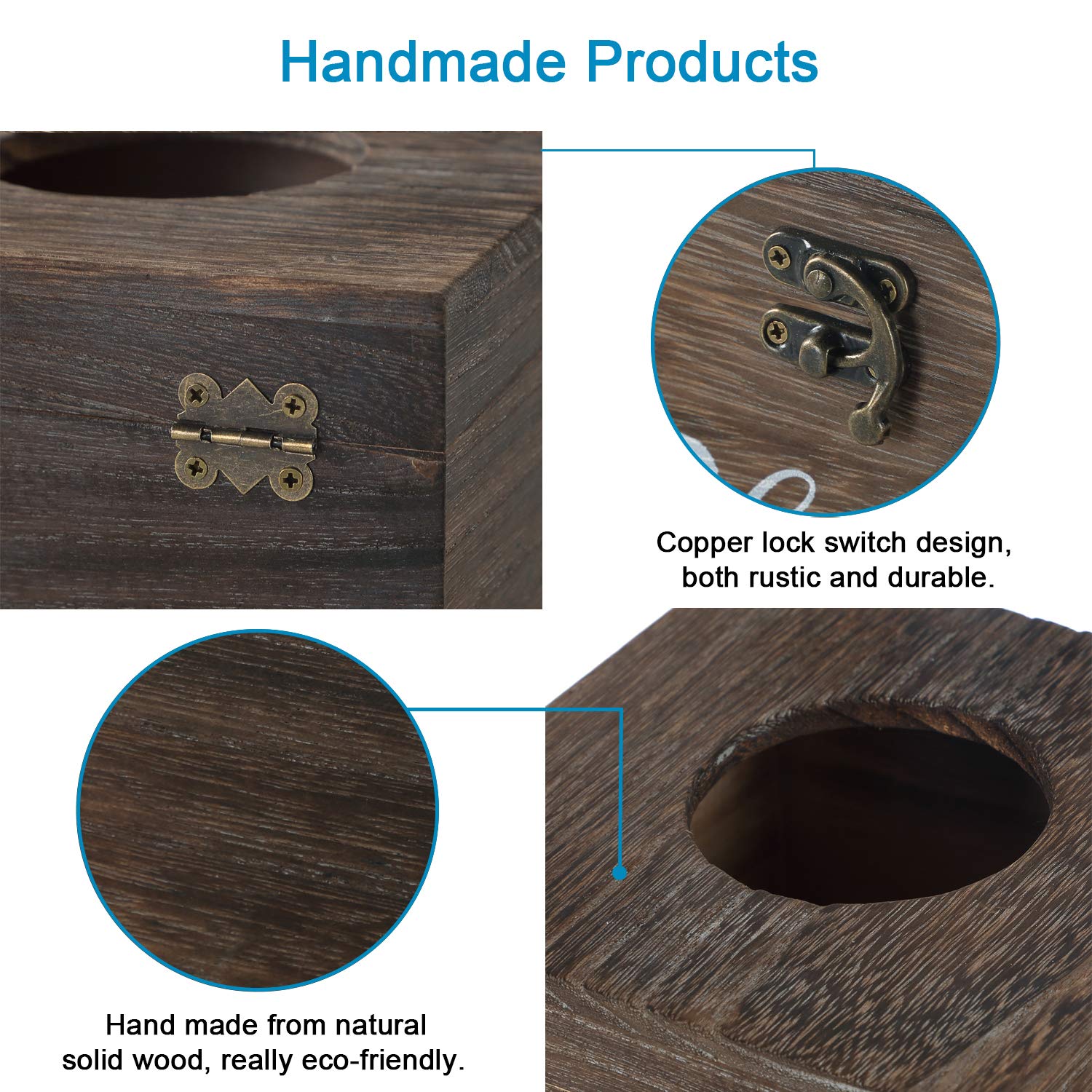 Bless You Wood Tissue Box Cover Set of 2 - Rustic White Square Tissue Box Holder, Farmhouse Style Toilet Paper or Napkin Dispenser for Bathroom, Living Room, Kitchen & Dining Table (Brown) - Perfect for Home Decor & Gift Giving