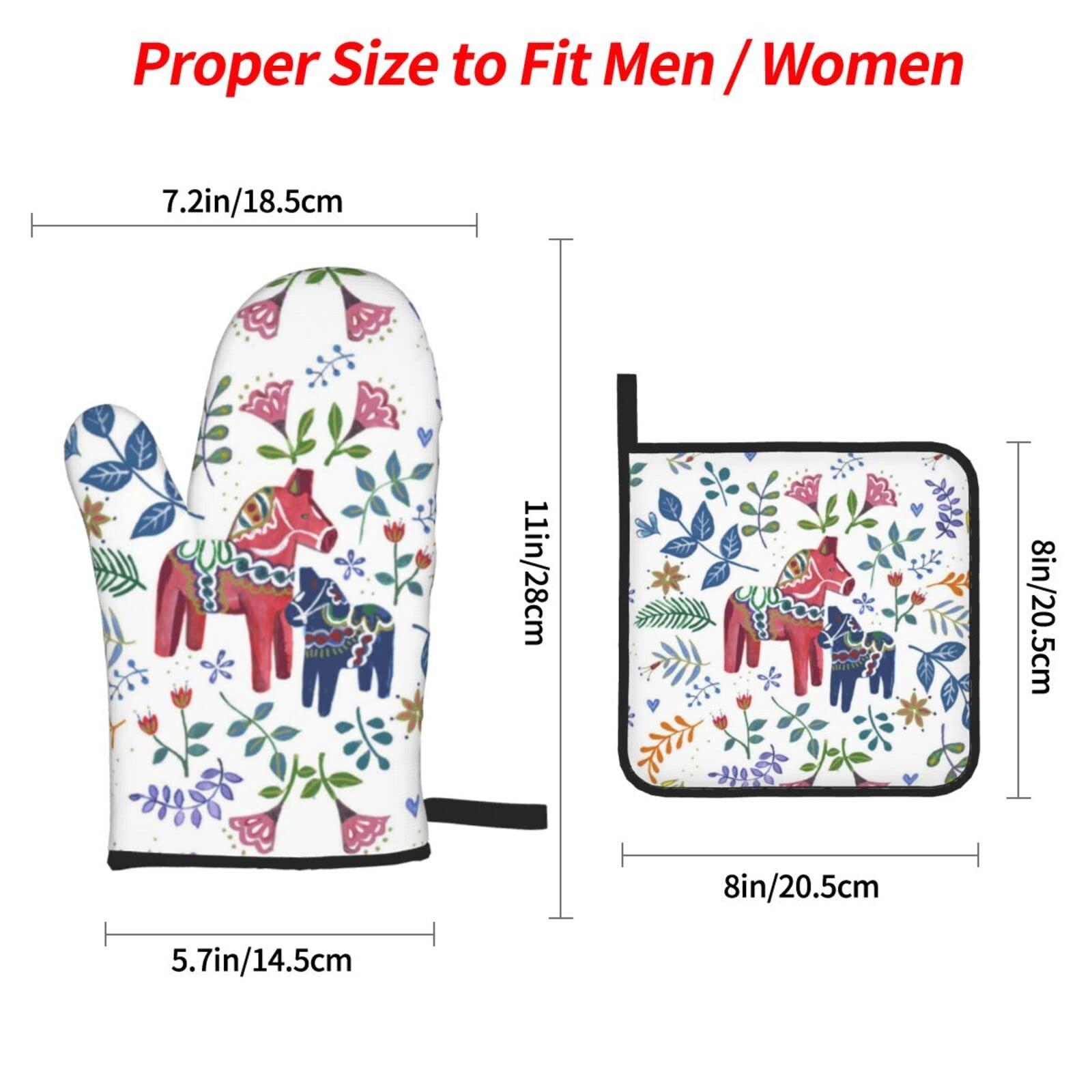 Floral Swedish Dala Horse Oven Mitts & Pot Holders Set - Heat Resistant Kitchen Gloves for Cooking, Baking, Grilling & BBQ - Perfect for Swedish-Themed Kitchens & Home Decor