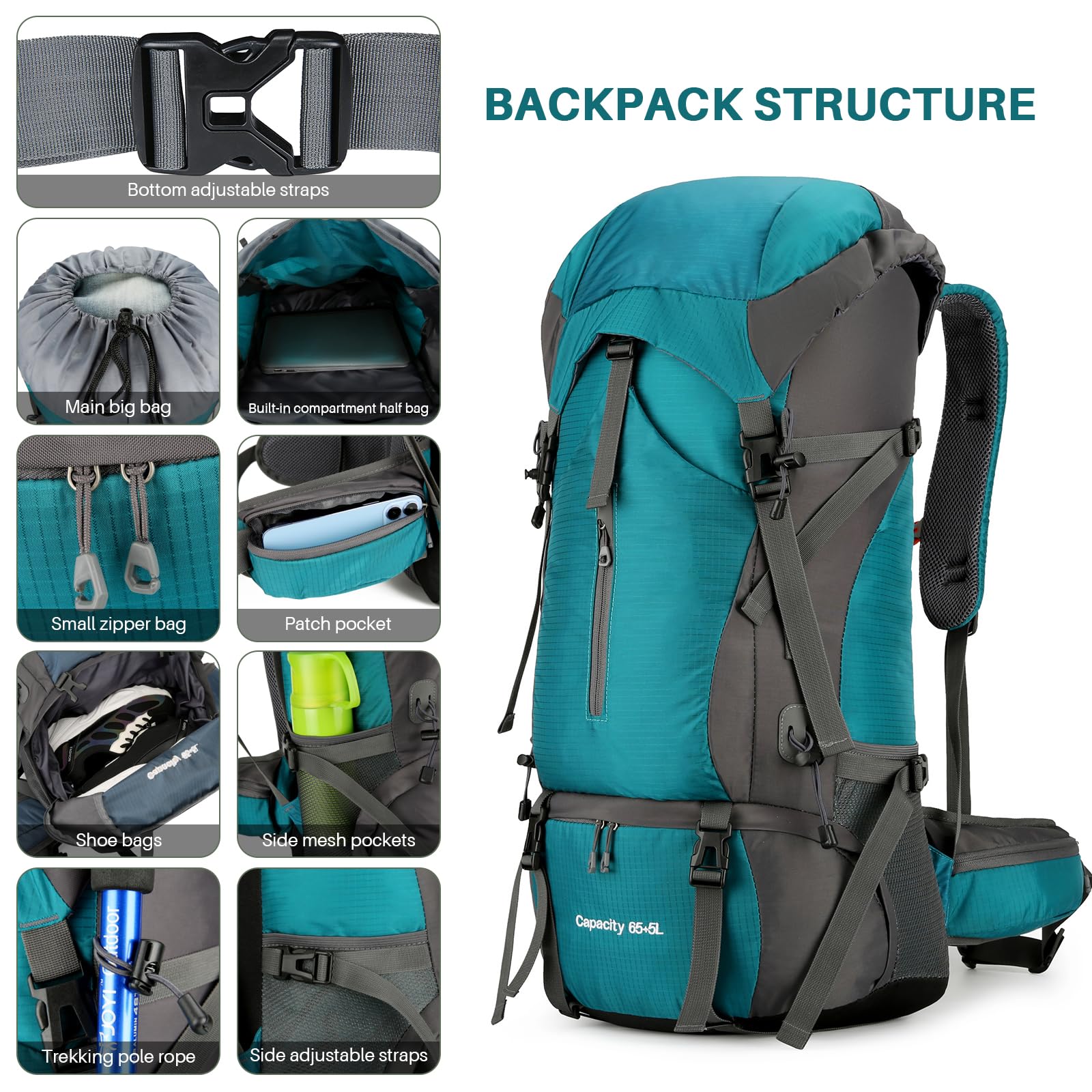 OKYUK 70L Waterproof Hiking Backpack - Lightweight Camping Backpack for Mountain Climbing, Outdoor Sports, Travel & Cycling - Durable Daypack with Rain Cover (Green, 70L) - Perfect for Weekend Adventures, Trekking & Backpacking Trips