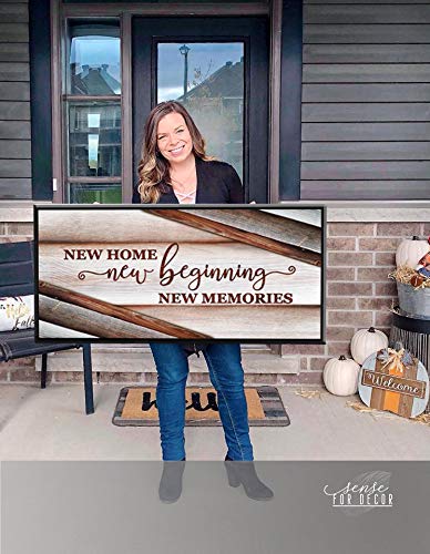 Wooden Framed Canvas Wall Art - Sense of Art New Home New Beginnings V15 - Rustic Religious Home Decor for Living Room - Housewarming Gift (Brown, 60x27 Inch Black Floating Frame) - Perfect for Farmhouse, Apartment & Office Decor
