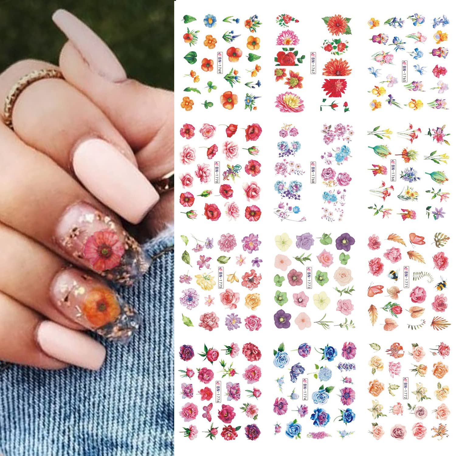 Floral Water Transfer Nail Decals - 12 Sheets Spring Flower Nail Art Stickers for DIY Nail Designs | Perfect for Manicures, Pedicures, Bridal Nails & Party Nail Art Accessories