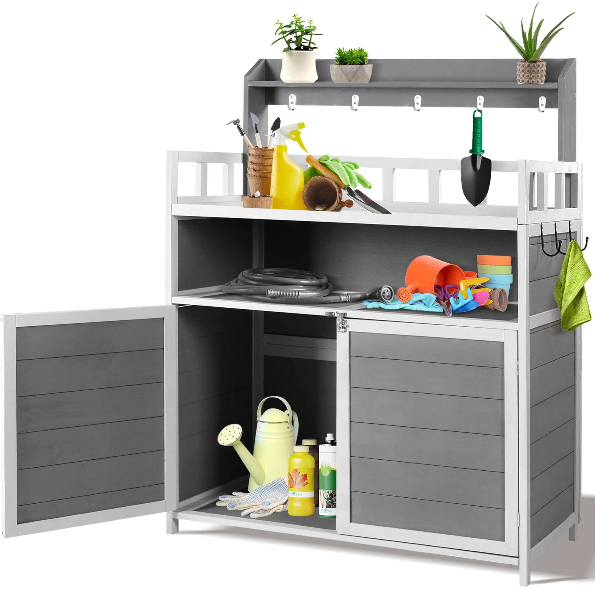 GRAVFORCE Outdoor Potting Bench with Storage Cabinet & Double Doors - Heavy Duty Gardening Table for Planting, Potting & Organizing - Perfect for Porch, Backyard, Patio & Greenhouse Use (Grey)