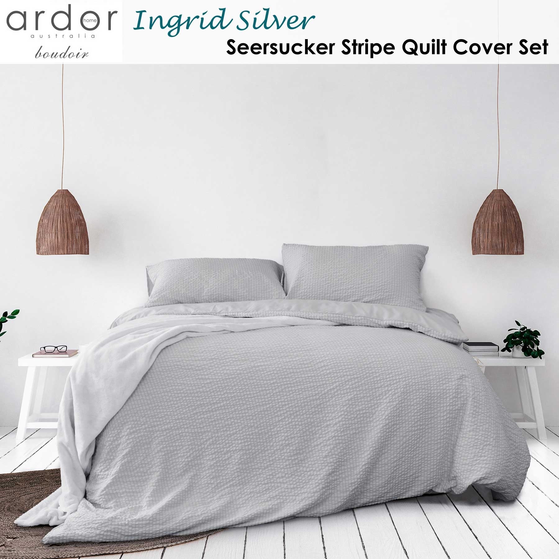 Ardor Ingrid Silver Seersucker Stripe Quilt Cover Set - Double Size Bedding with Breathable Fabric for All Seasons | Perfect for Guest Rooms, Master Bedrooms & Cozy Home Decor