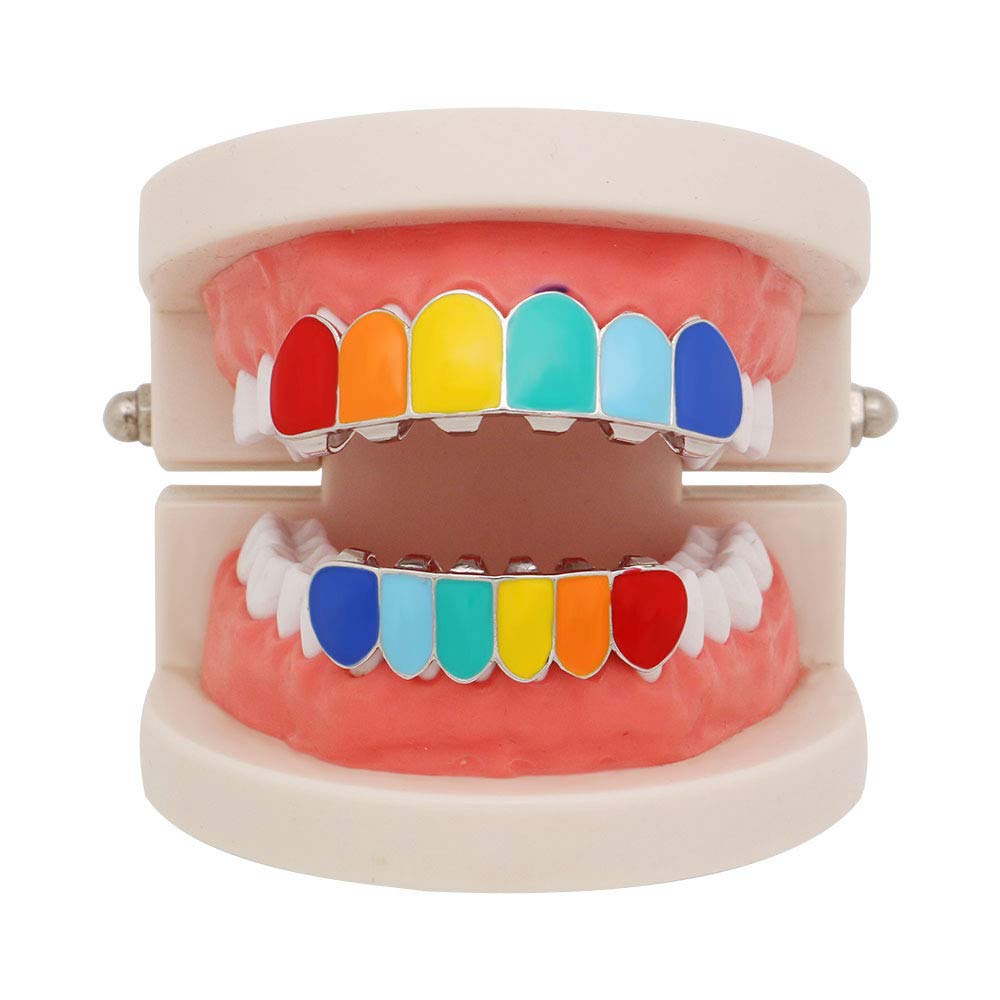 Psivika Multicolor Plated Rainbow Hip Hop Teeth Grillz Caps - Iced Out CZ Vampire Fangs Grillz for Men & Women | Perfect for Hip Hop Performances, Halloween Costumes & Streetwear Fashion