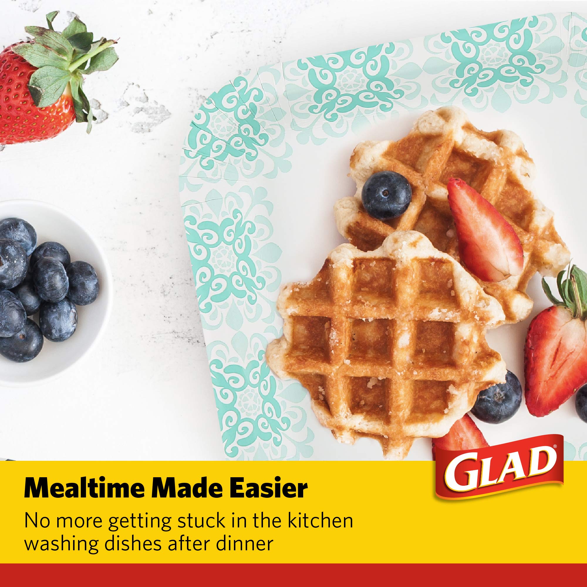Glad Printed Disposable Paper Plates and Cups Set - 50 Count Heavy Duty Square Plates & Victorian Design Cups for Parties, Picnics, BBQs, and Events | Eco-Friendly Disposable Tableware