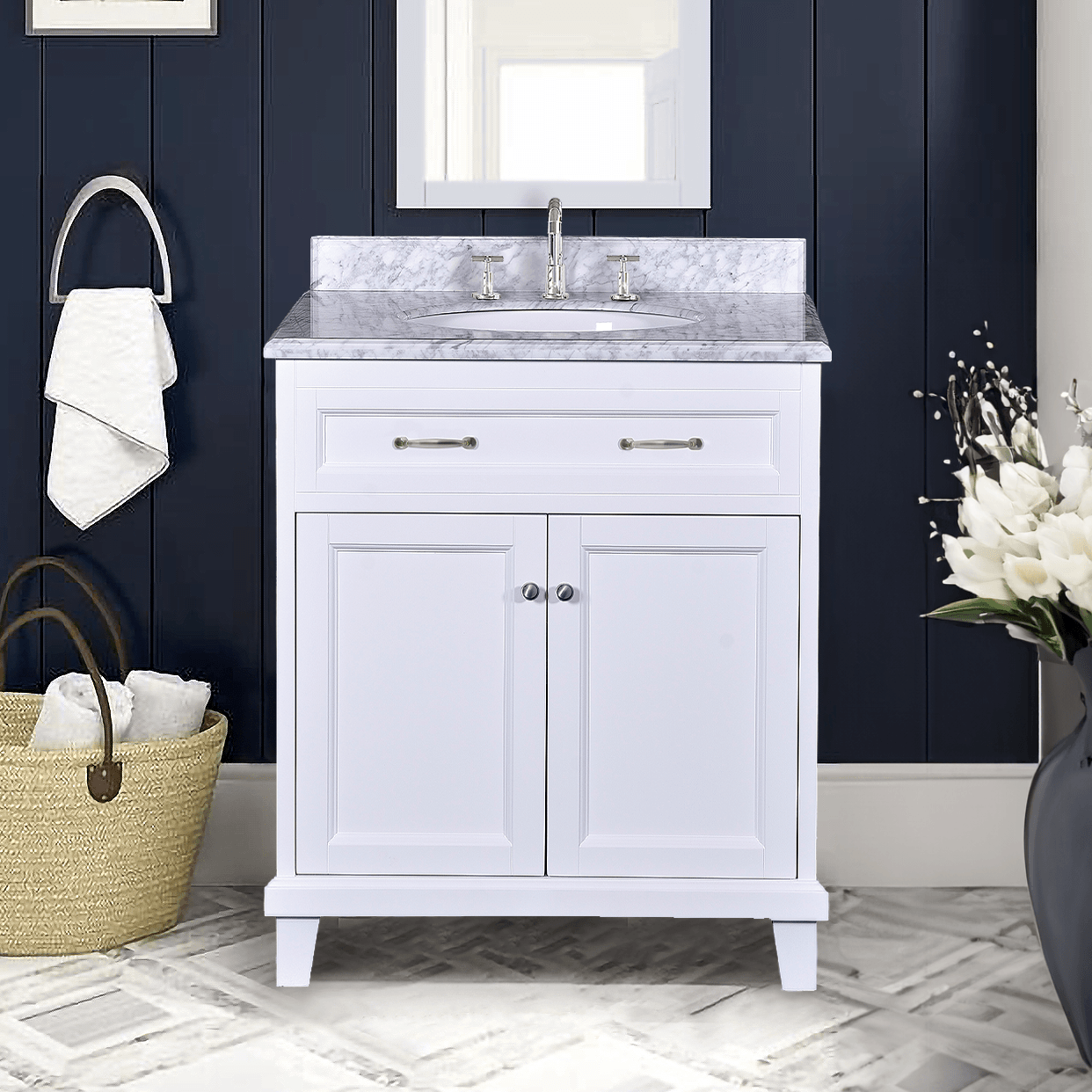 White Bathroom Vanity with Solid Wood Frame & Carrara Marble Top - 3 Size Options for Modern Bathroom Decor | Perfect for Master Bath, Guest Bath & Small Space Remodeling
