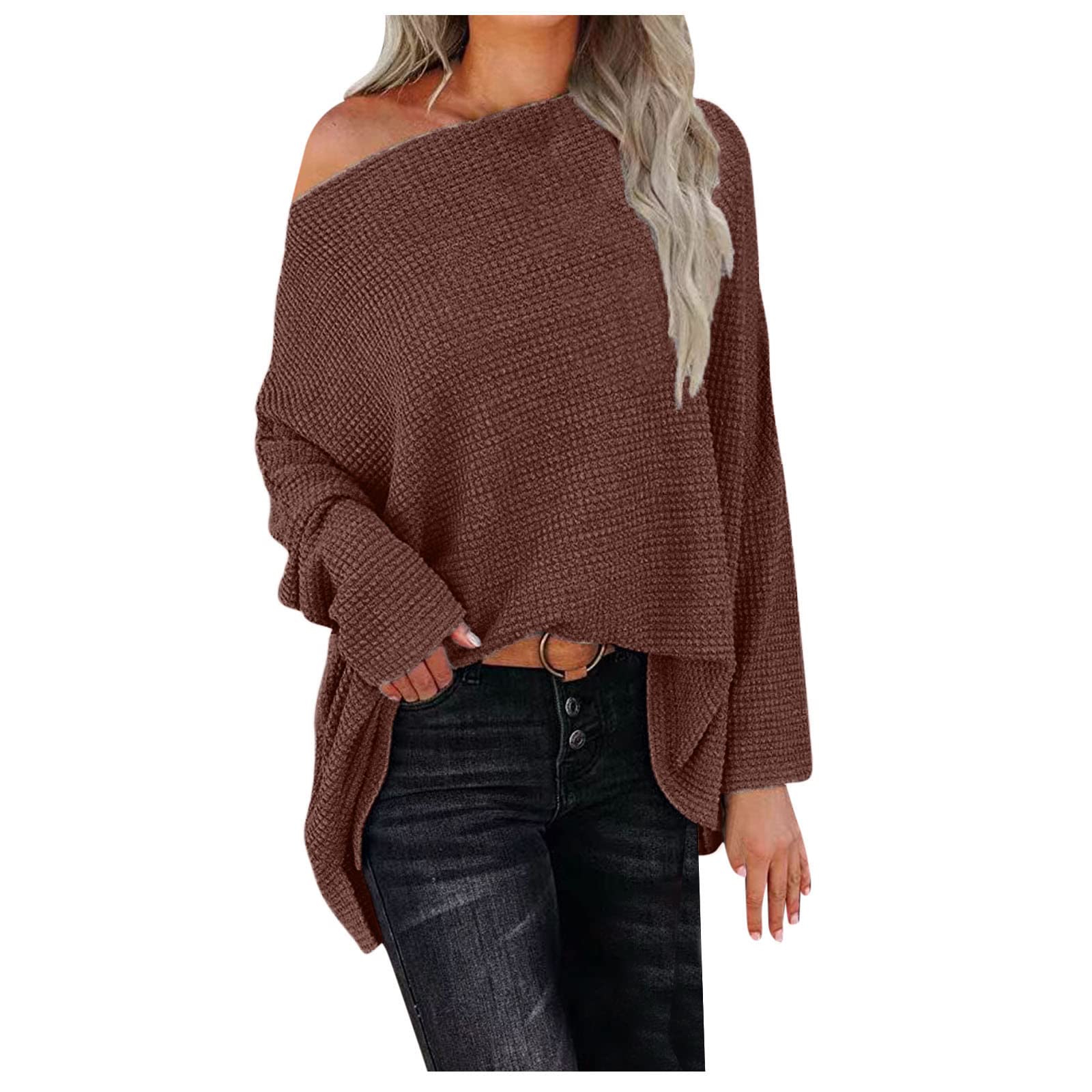 Women's Casual Off Shoulder Waffle Knit Sweater - Long Batwing Sleeve Pullover Tunic Top with Curved Hem | Perfect for Fall Layering, Date Nights & Weekend Outfits