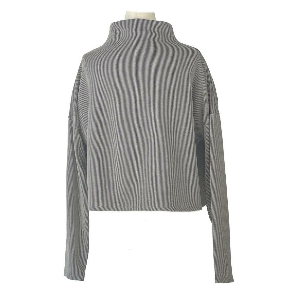 Women's Ribbed Mock Neck Long Sleeve T-Shirt - Soft Stretch Basic Top in Grey for Casual Wear, Layering & Everyday Outfits