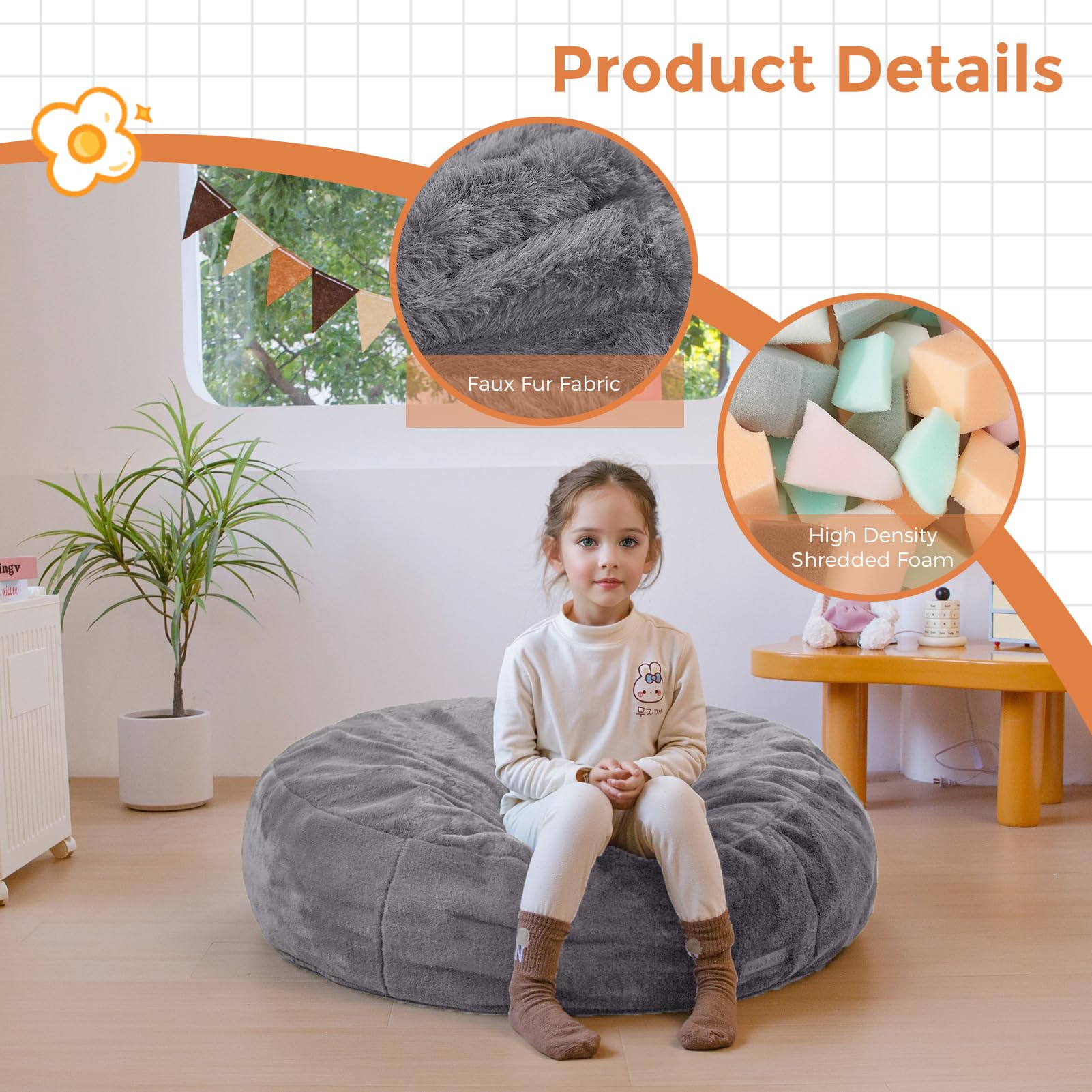 MAXYOYO 3-in-1 Kids Bean Bag Chair Bed - Convertible Faux Fur Round Floor Sofa for Children's Room, Gaming & Reading Nook - Dark Grey - Perfect for Playrooms, Bedrooms & Cozy Corners
