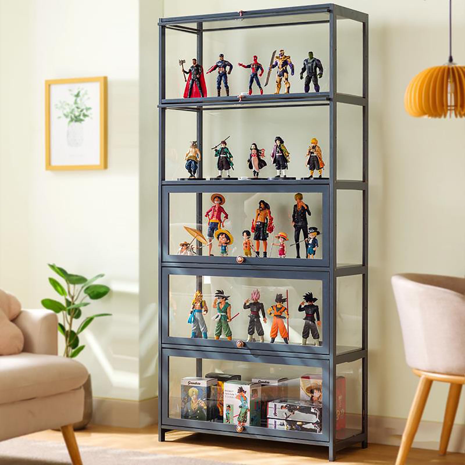 Gray Glass Curio Display Cabinet with Acrylic Door - 80x106cm Large Collectibles Organizer Shelf for Toys, Figurines & Memorabilia - Perfect for Living Room, Office or Game Room Display