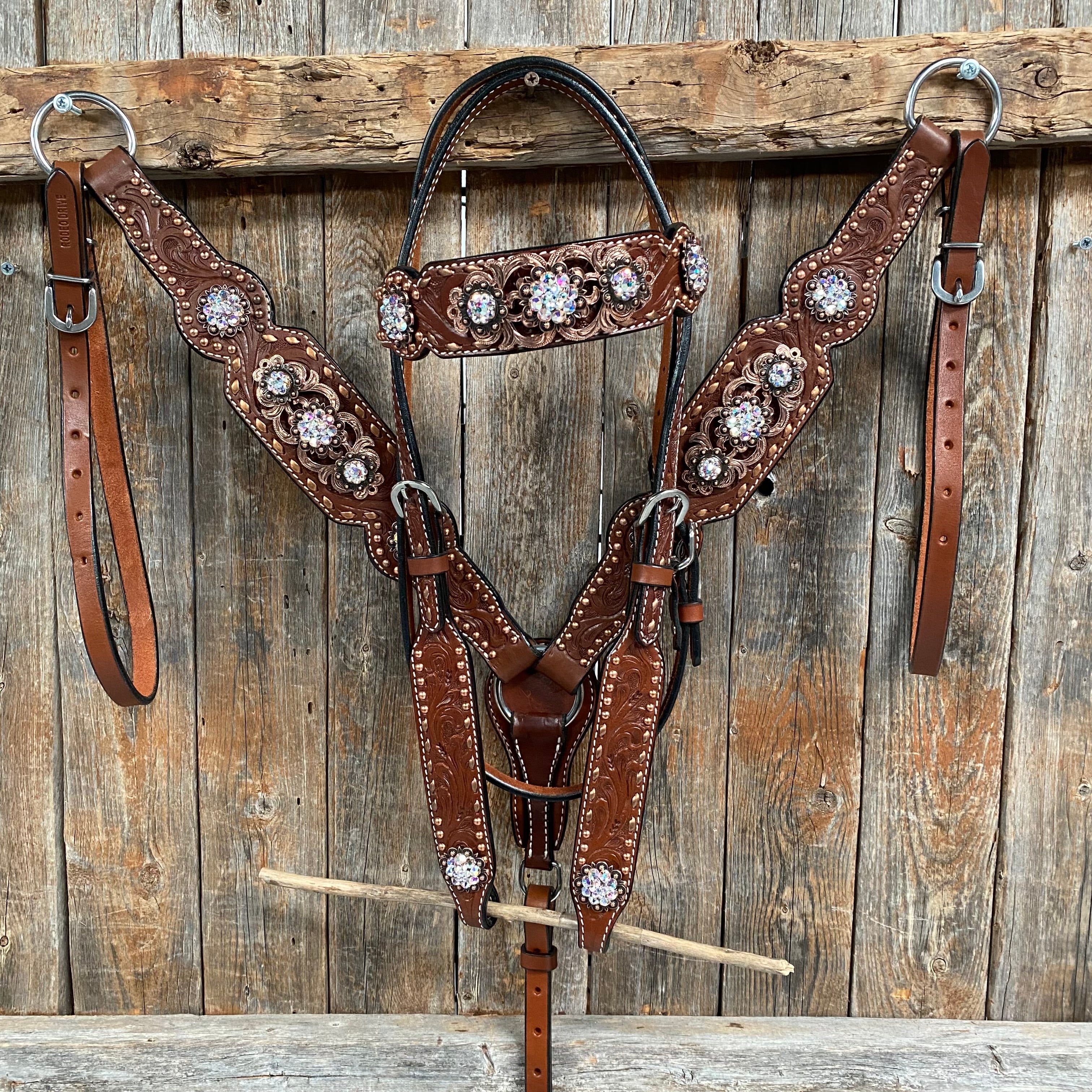 Premium Copper Dot & Buckstitch Fancy AB Browband Tack Set #BBBC581 – Perfect for Equestrian Shows & Western Riding Events