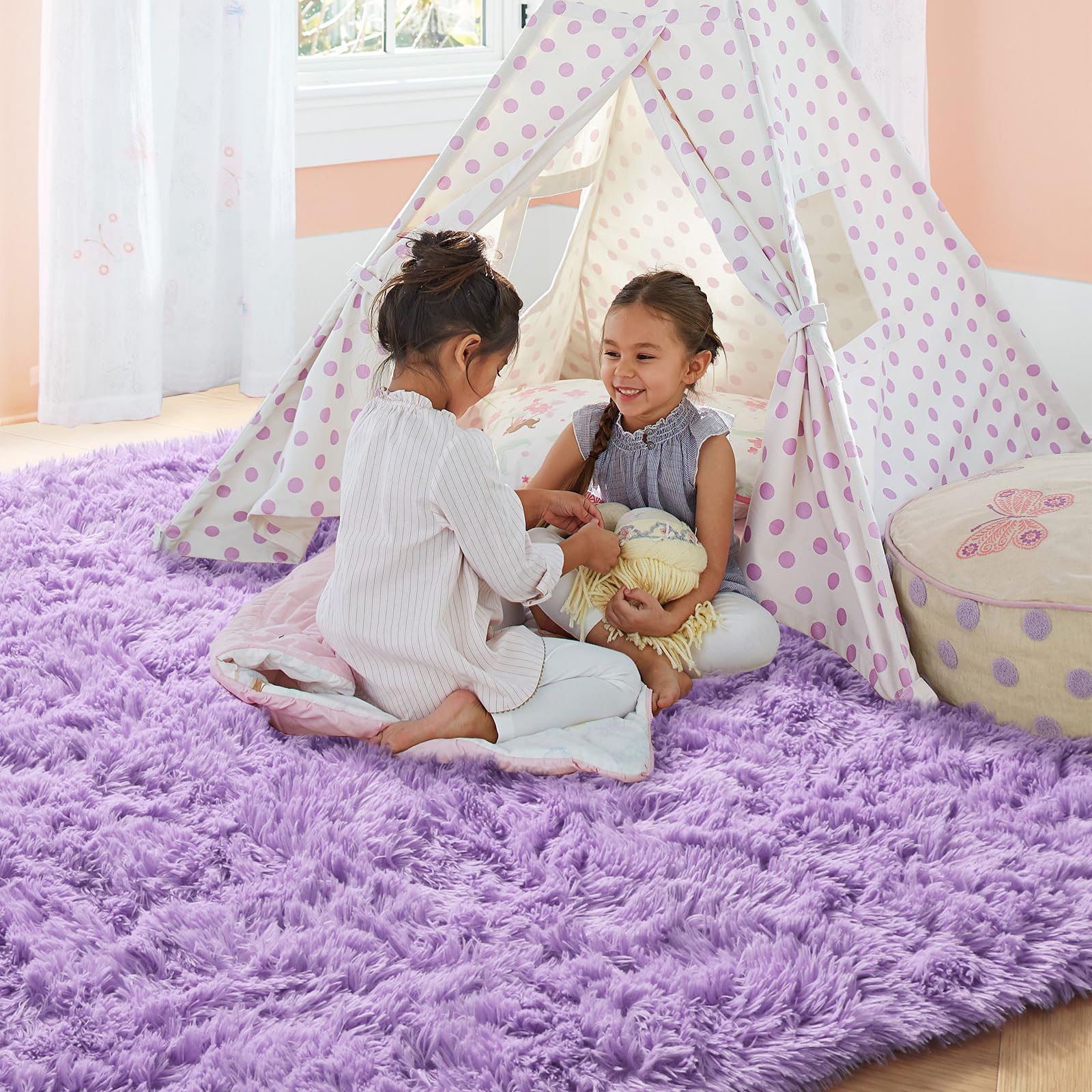 PAGISOFE 5ft Round Area Rug - Soft Fluffy Shaggy Circle Rug for Kids Bedroom, Nursery, Playroom - Non-Slip Purple Carpet for Girls Room Decor, Reading Nook & Cozy Teepee Mat - Indoor Aesthetic Floor Mat