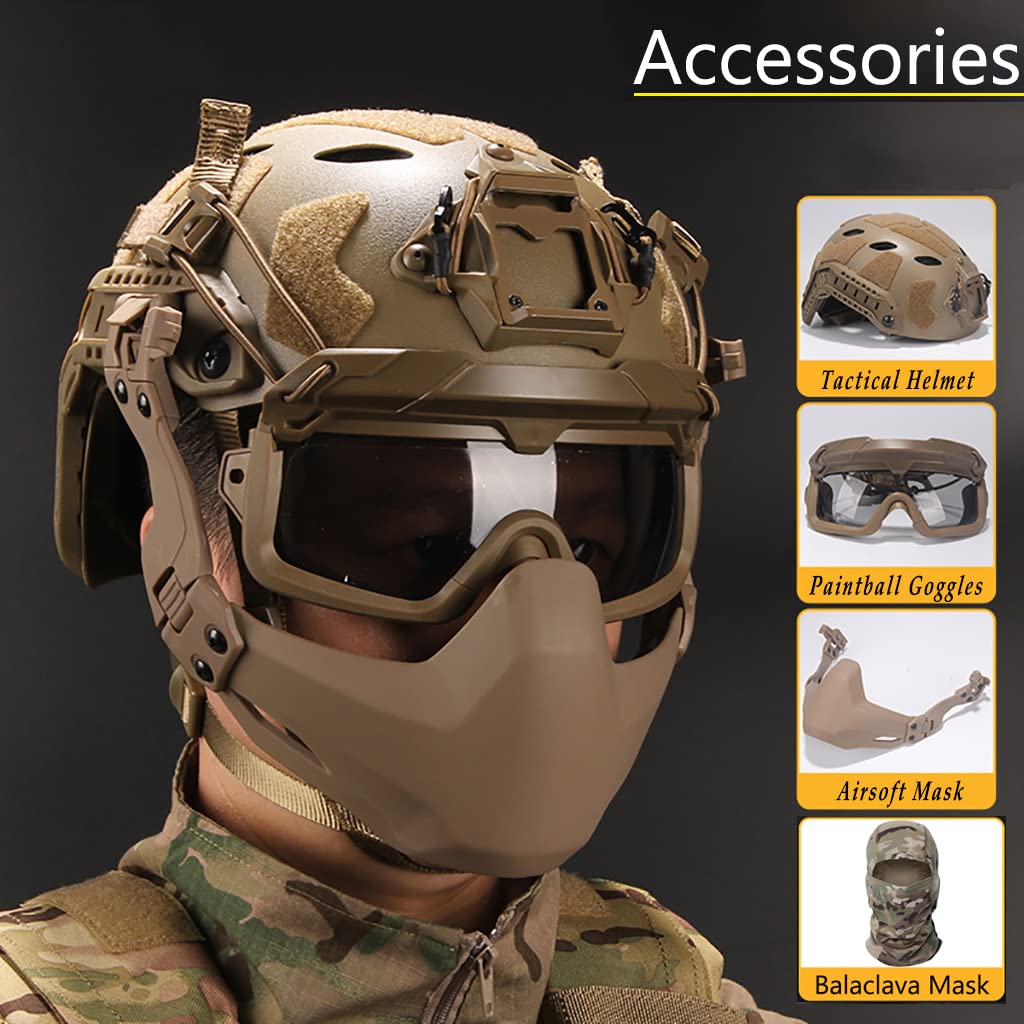 Tactical Airsoft Helmet & Mask Set with Noise Canceling Headset, Goggles, Battery Pocket & NVG Mount - Lightweight Fast Helmet for Outdoor Paintball, Hunting & Airsoft Games | Perfect for MilSim, CQB & Tactical Training
