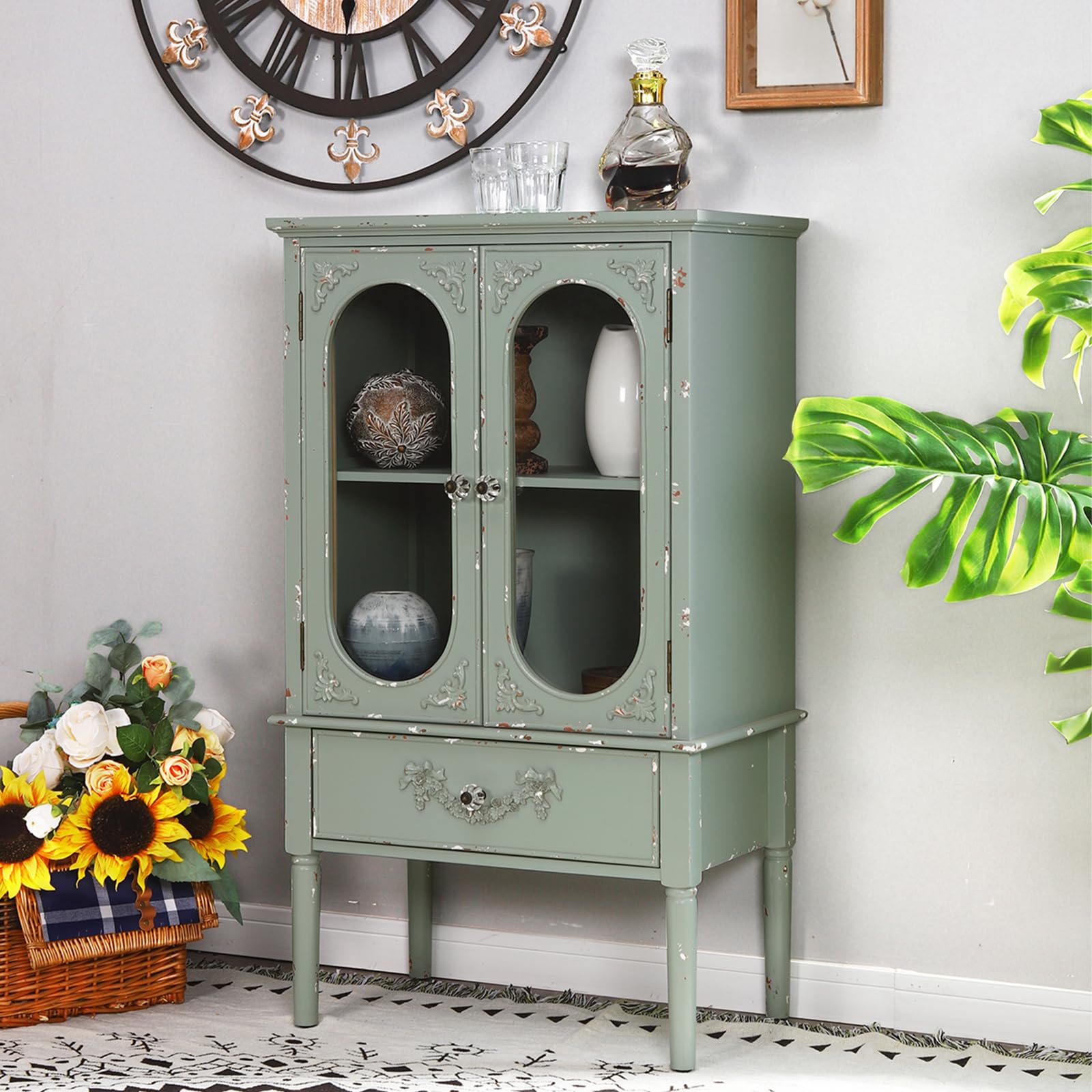 MAISON ARTS Modern Farmhouse Buffet Cabinet - 2 Door Kitchen Storage Cabinet with Drawer & Solid Wood Legs, Glass Front Accent Cabinet for Living Room, Entryway or Dining Room - Mint Green Home Decor
