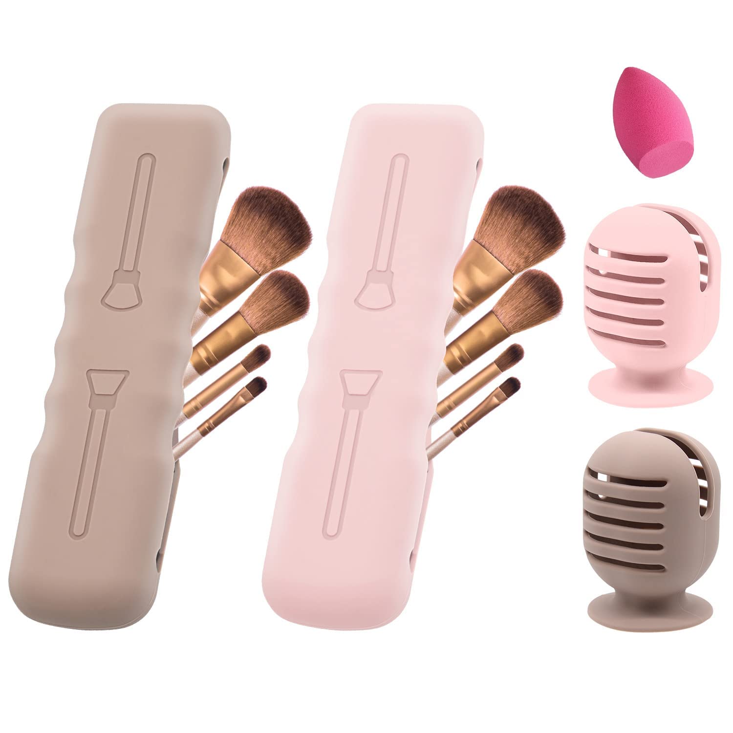 4-Pack Silicone Makeup Brush Holder & Blender Drying Stand - Travel-Friendly Magnetic Makeup Organizer with Suction Cups (Pink & Khaki) | Perfect for Makeup Brush Storage, Travel Beauty Kits & Vanity Organization