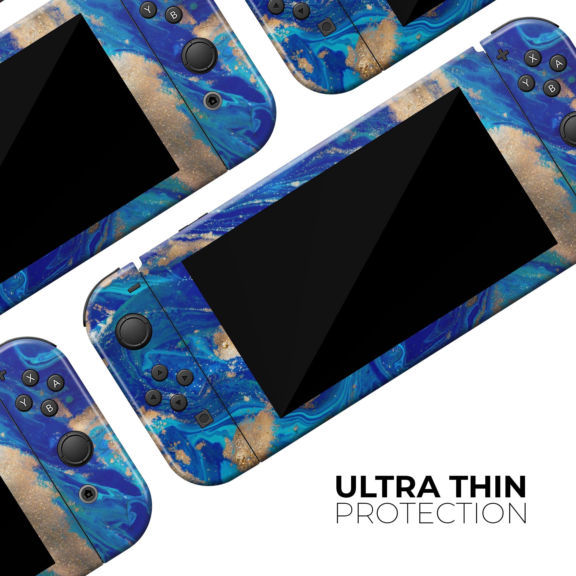 Nintendo Switch Console & Joy-Con Protective Vinyl Wrap Cover - Scratch-Resistant, Removable Skin Decal in Vivid Blue Gold - Perfect for Gaming Protection & Customization