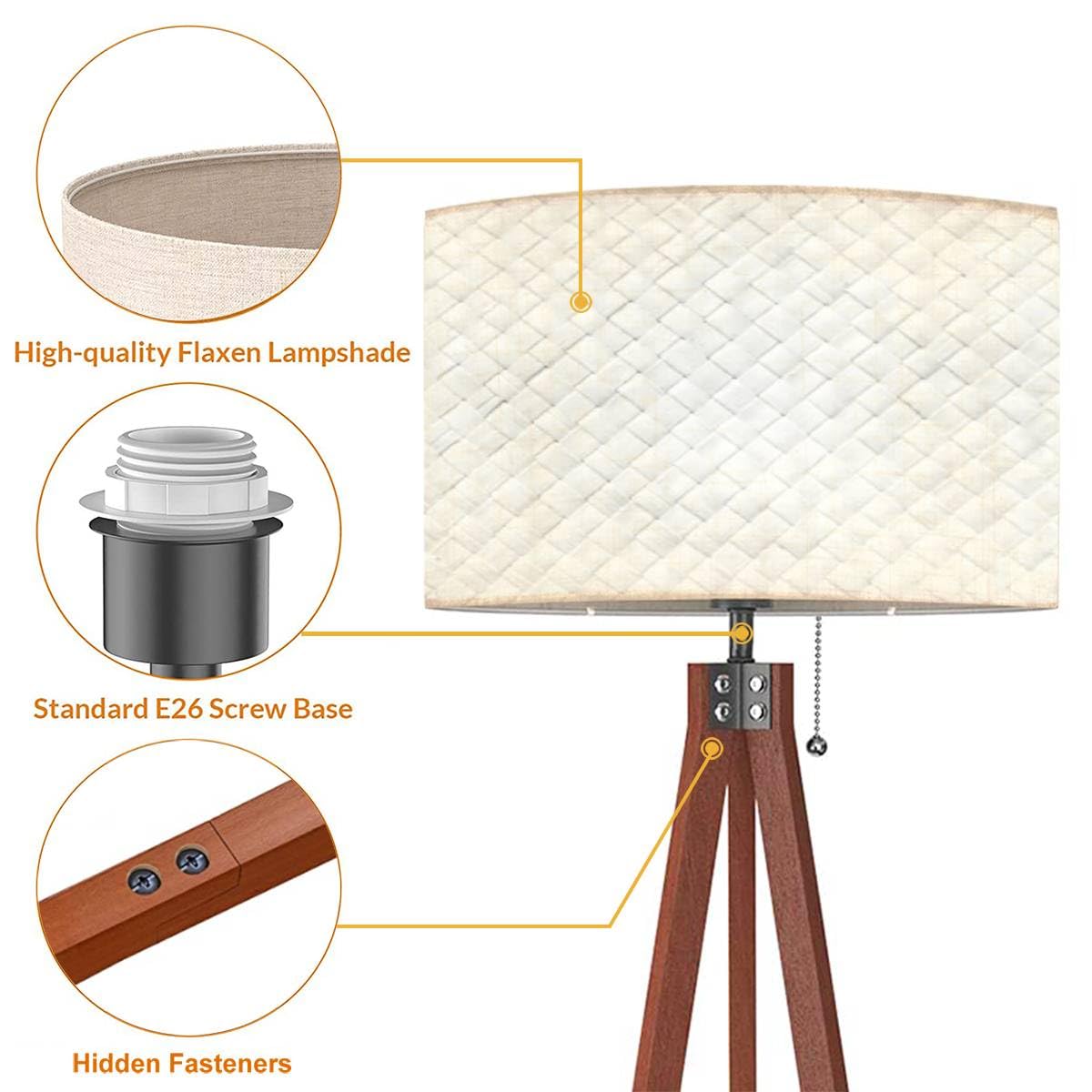 Modern Wood Tripod Floor Lamp with Dimmable Linen Lampshade - Mid Century Standing Lamp for Living Room & Bedroom - Perfect for Cozy Reading Nooks and Ambient Lighting