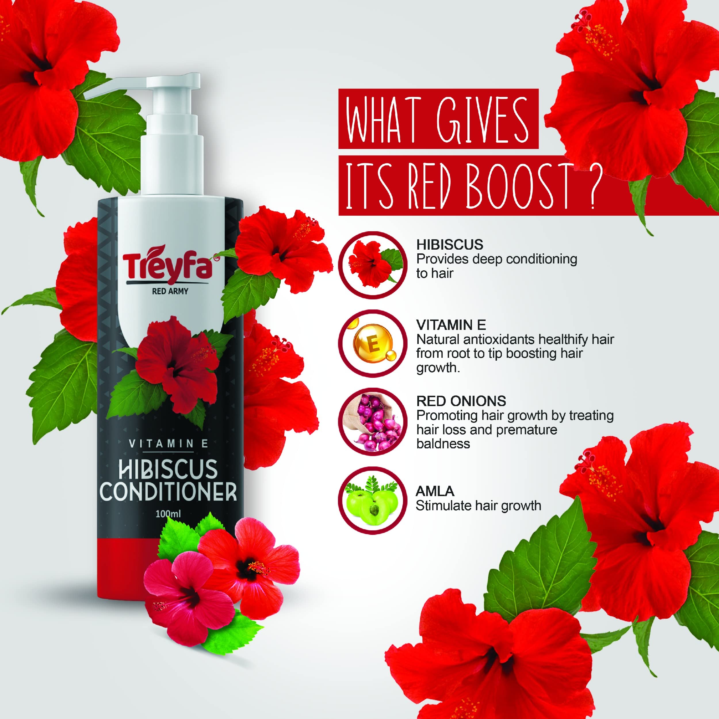 Treyfa Hibiscus Hair Growth Conditioner for Women & Men - Sulfate, Paraben & Silicone Free with Hibiscus, Amla, Onion & Vitamin E - 100ML | Promotes Hair Growth, Reduces Hair Fall & Deeply Nourishes - Perfect for Daily Use & Damaged Hair Care