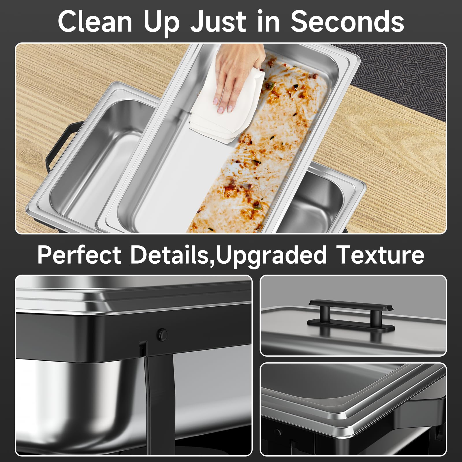 4-Pack 9.5QT Stainless Steel Chafing Dish Buffet Set with Gray Handles - Professional Catering & Buffet Serving Equipment for Parties, Weddings, and Events (Black)